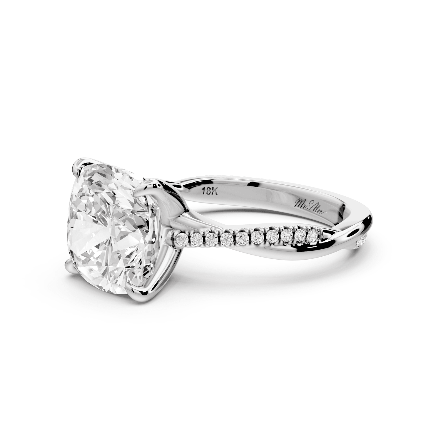 Ella - 4ct 14k white gold Cushion Classic Solitaire Engagement Ring with Shared-Prong Pavé Band - Mr. Alex Jewelry
