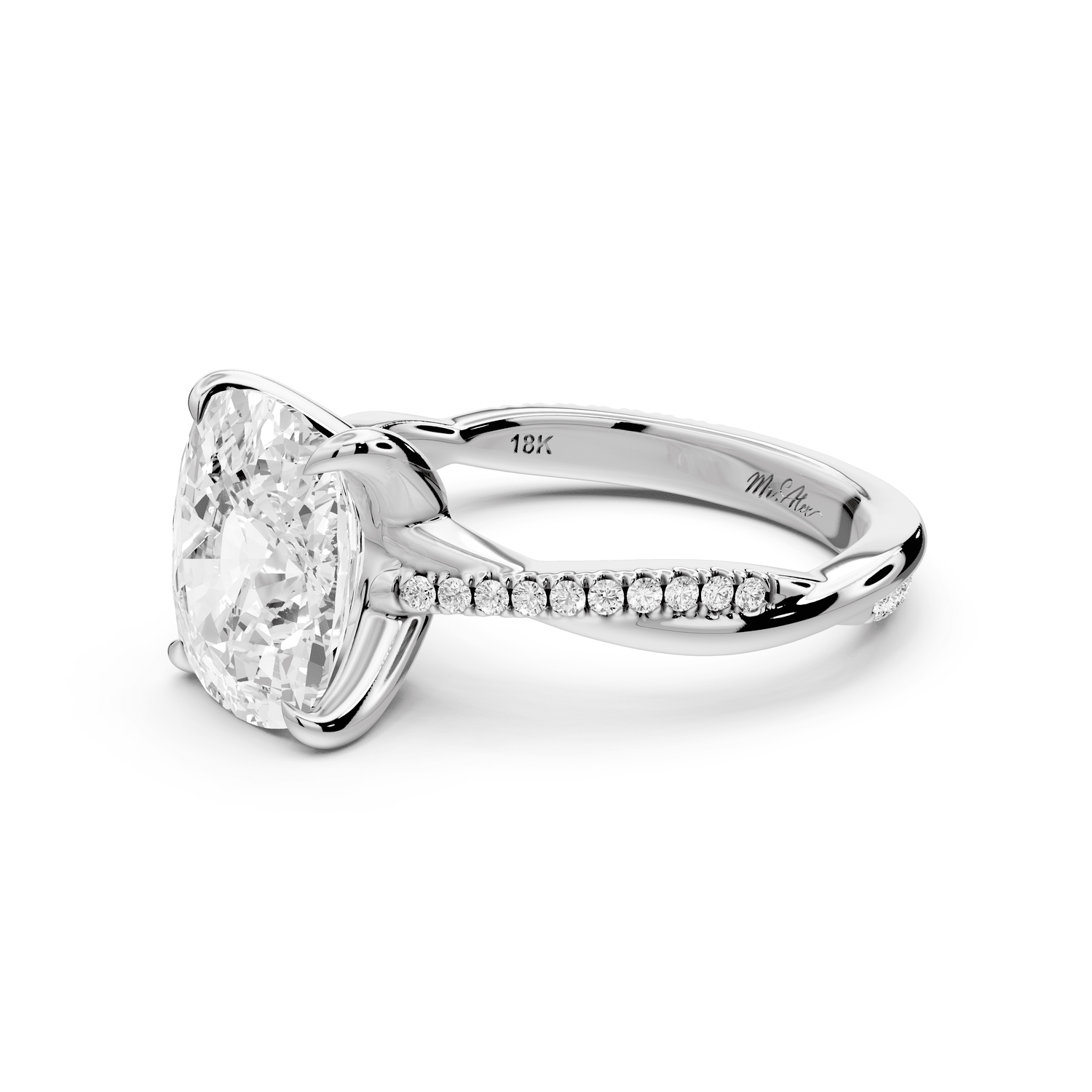 Ella - 4ct 14k white gold Ecushion Classic Solitaire Engagement Ring with Shared-Prong Pavé Band - Mr. Alex Jewelry