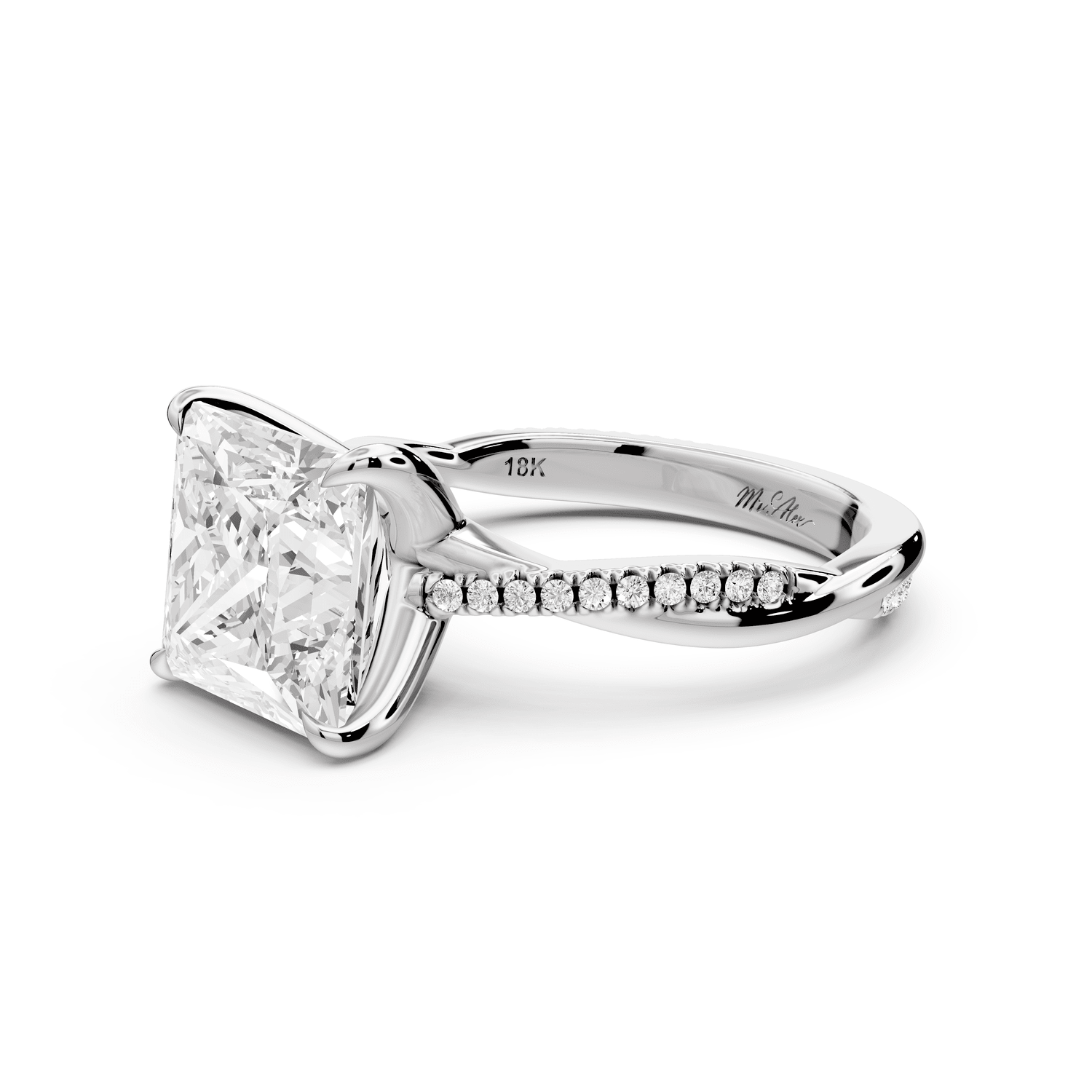 Ella - 4ct 14k white gold Princess Classic Solitaire Engagement Ring with Shared-Prong Pavé Band - Mr. Alex Jewelry