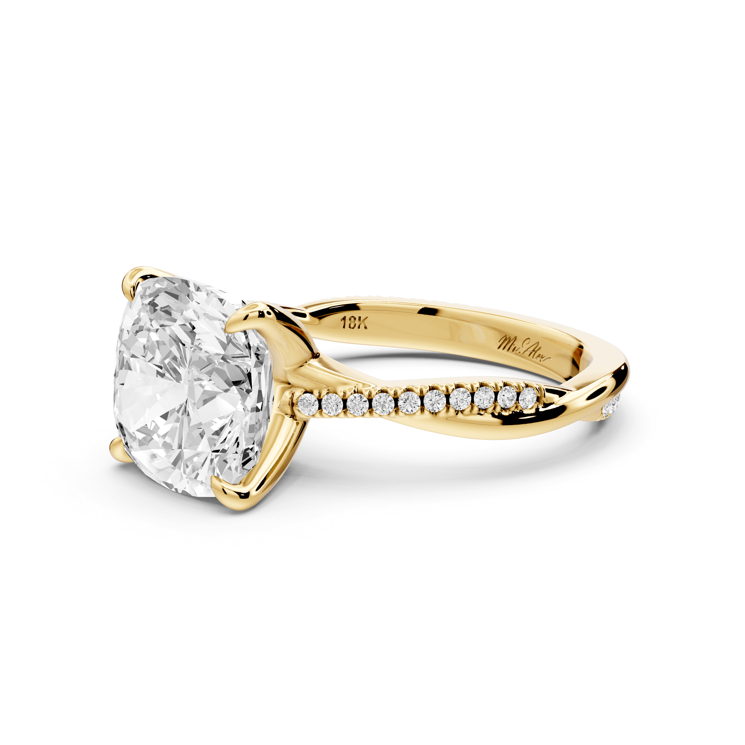 Ella - 4ct 14k yellow gold Cushion Classic Solitaire Engagement Ring with Shared-Prong Pavé Band - Mr. Alex Jewelry