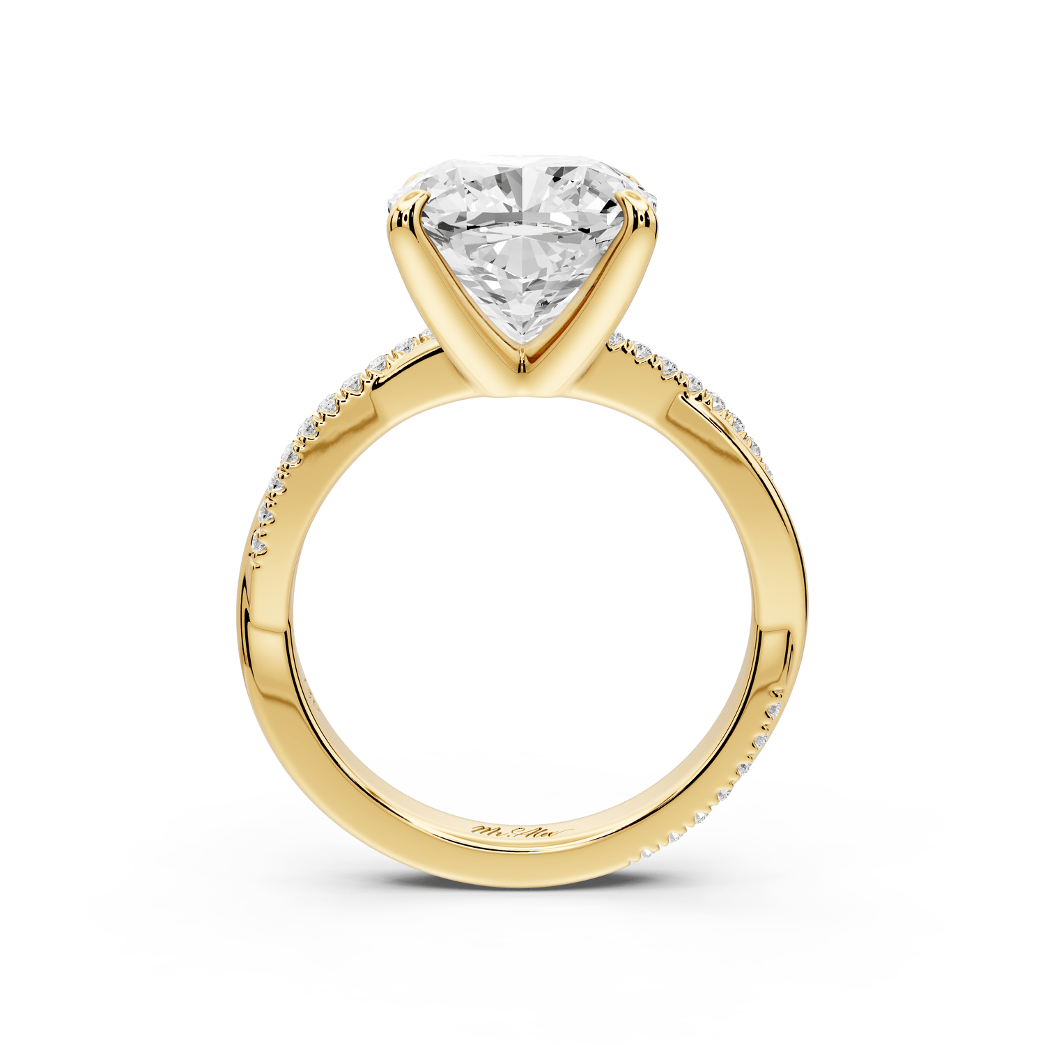 Ella - 4ct 14k yellow gold Cushion Classic Solitaire Engagement Ring with Shared-Prong Pavé Band - Mr. Alex Jewelry
