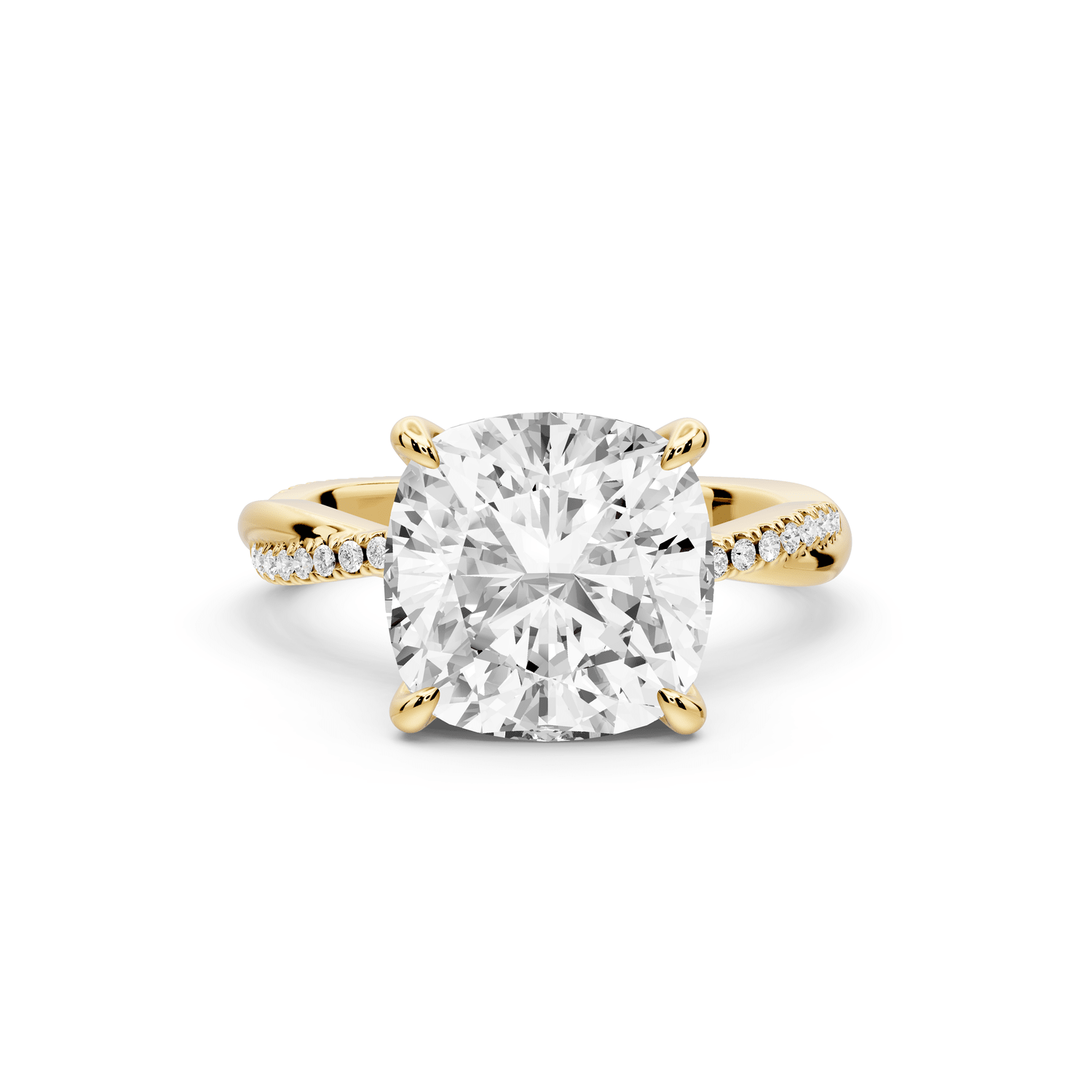 Ella - 4ct 14k yellow gold Cushion Classic Solitaire Engagement Ring with Shared-Prong Pavé Band - Mr. Alex Jewelry