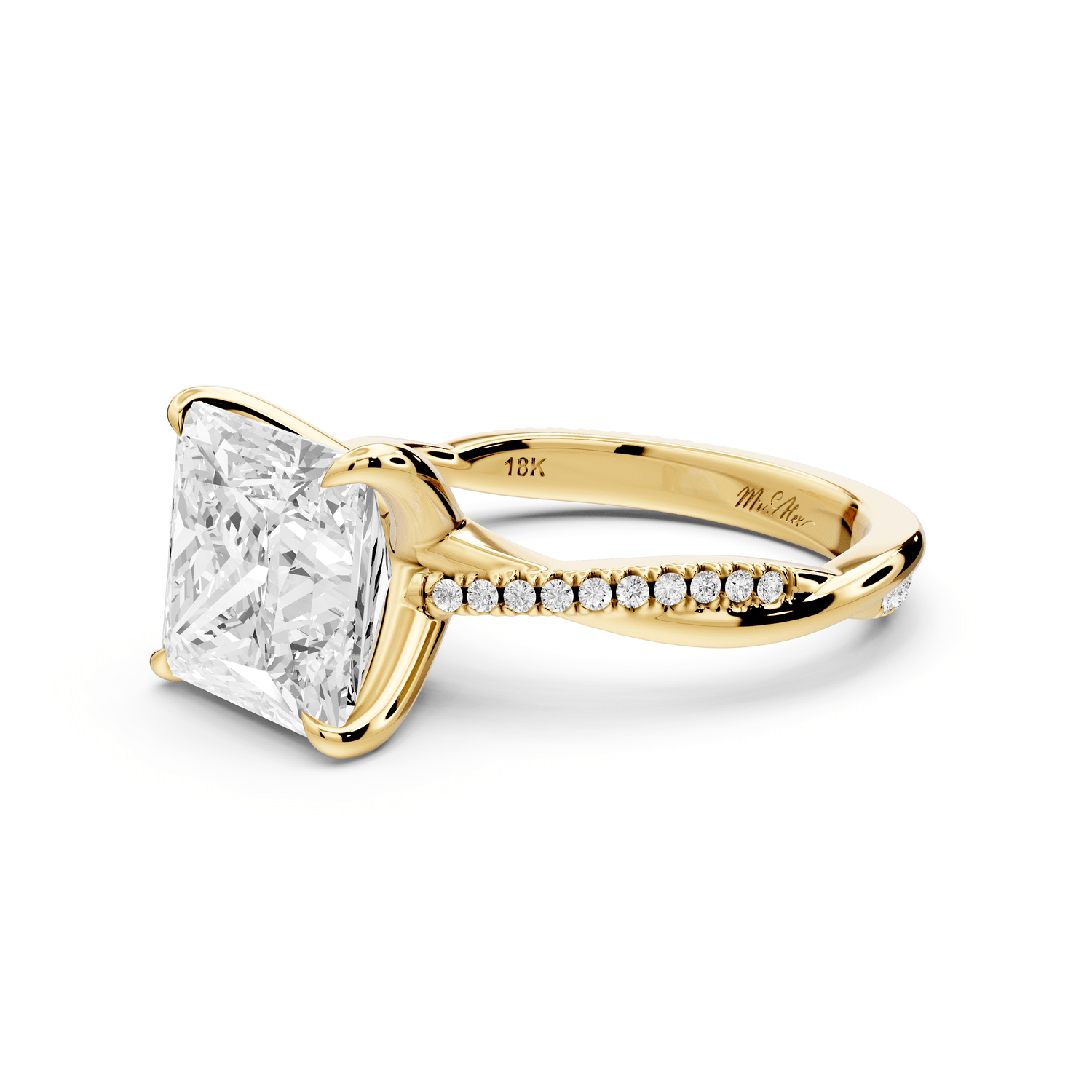 Ella - 4ct 14k yellow gold Princess Classic Solitaire Engagement Ring with Shared-Prong Pavé Band - Mr. Alex Jewelry