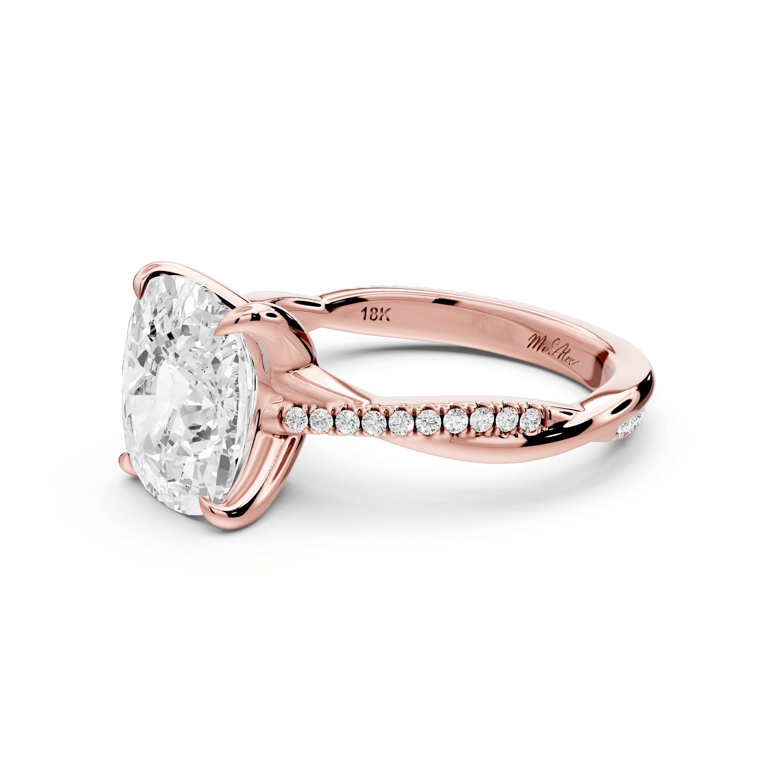 Ella - 4ct 18k rose gold Ecushion Classic Solitaire Engagement Ring with Shared-Prong Pavé Band - Mr. Alex Jewelry