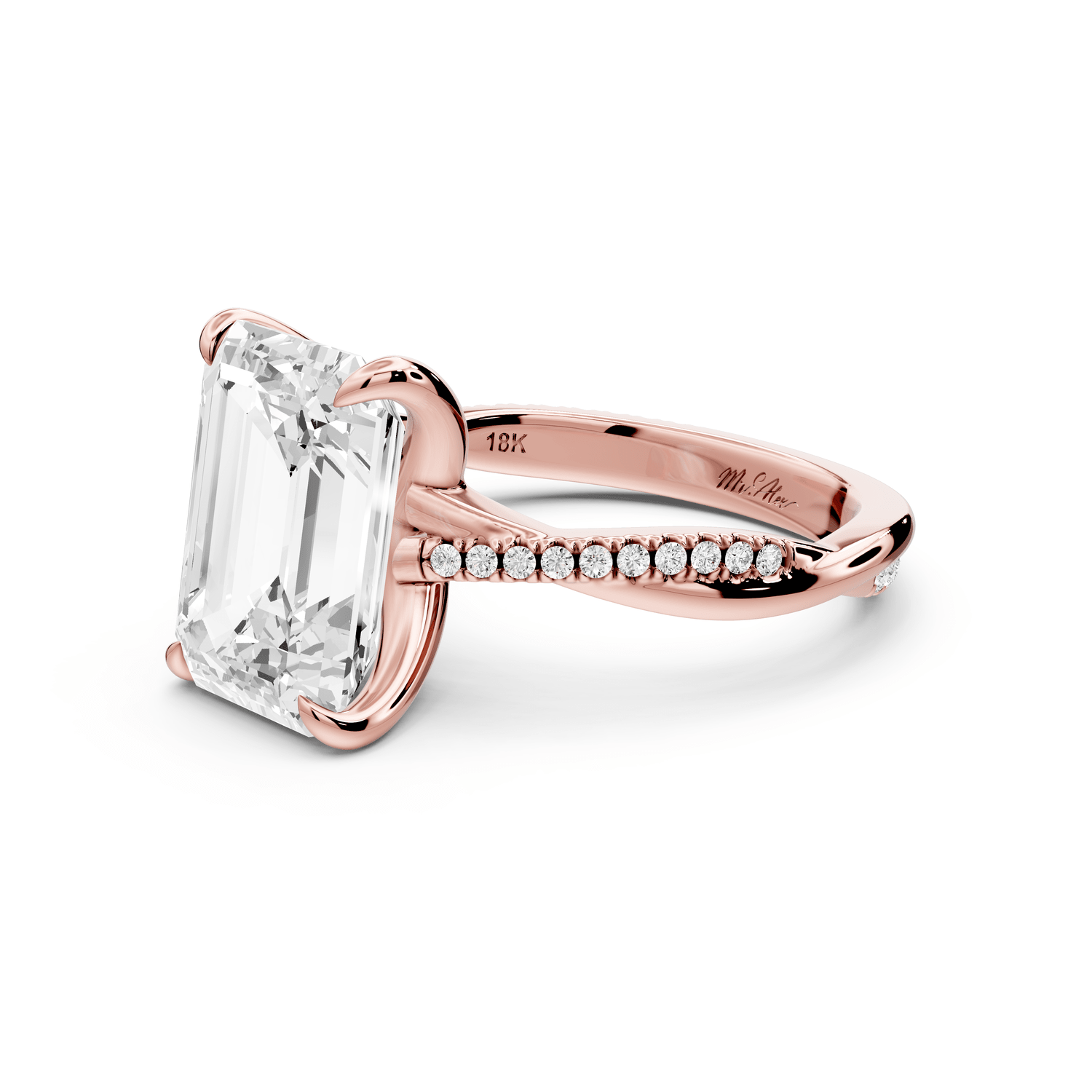 Ella - 4ct 18k rose gold Emerald Classic Solitaire Engagement Ring with Shared-Prong Pavé Band - Mr. Alex Jewelry