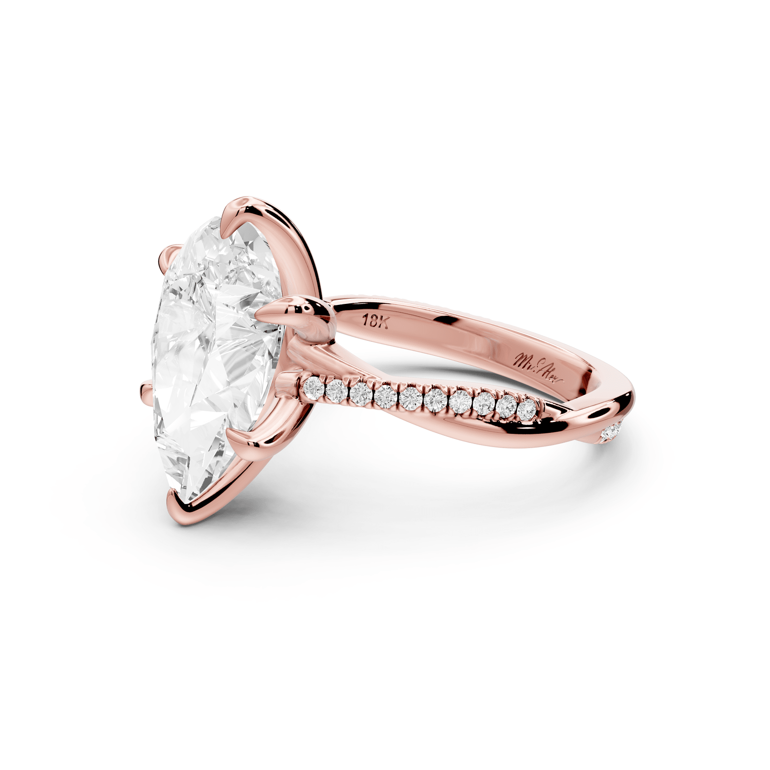 Ella - 4ct 18k rose gold Pear Classic Solitaire Engagement Ring with Shared-Prong Pavé Band - Mr. Alex Jewelry