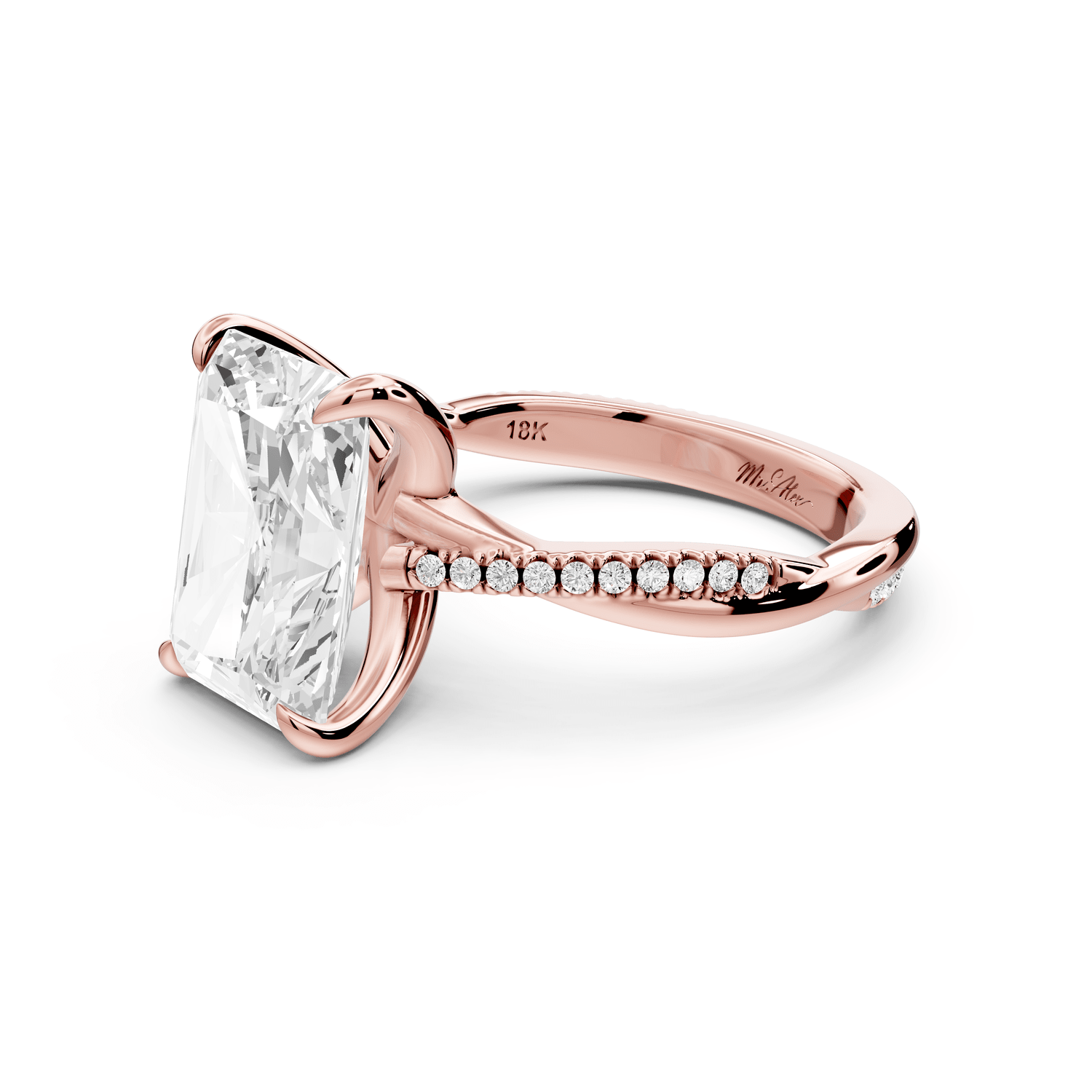 Ella - 4ct 18k rose gold Radiant Classic Solitaire Engagement Ring with Shared-Prong Pavé Band - Mr. Alex Jewelry