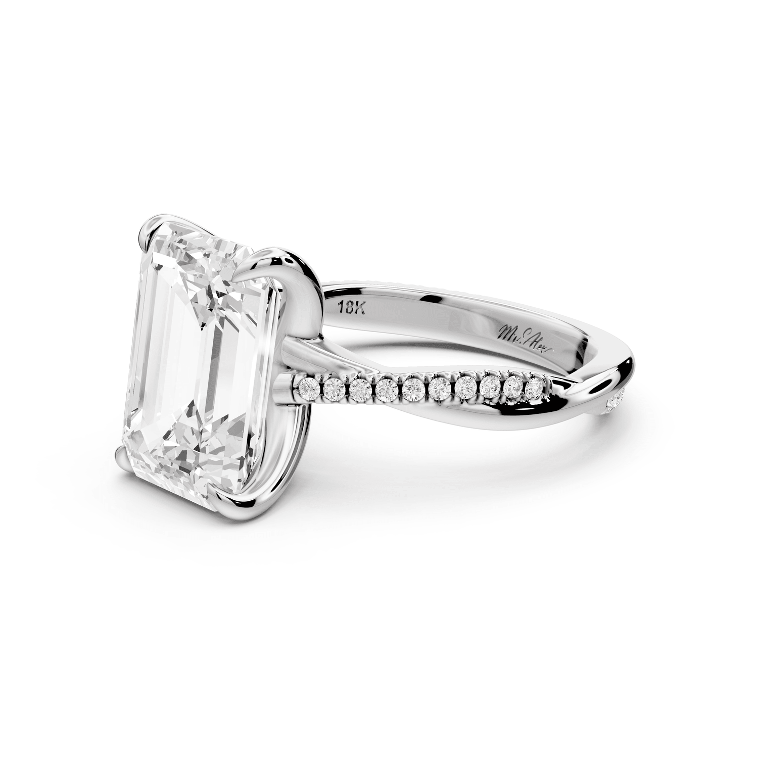 Ella - 4ct 18k white gold Emerald Classic Solitaire Engagement Ring with Shared-Prong Pavé Band - Mr. Alex Jewelry