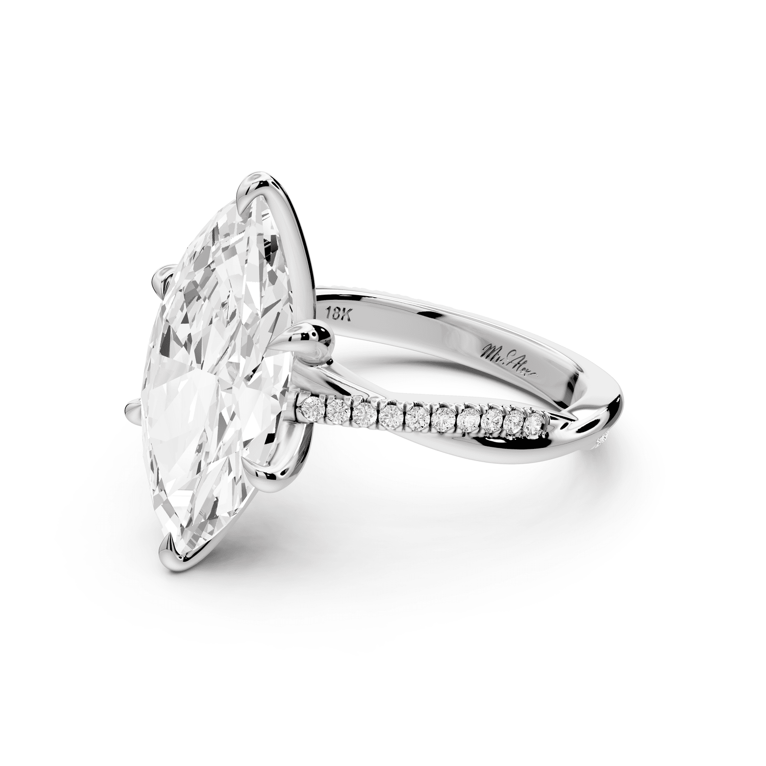 Ella - 4ct 18k white gold Marquise Classic Solitaire Engagement Ring with Shared-Prong Pavé Band - Mr. Alex Jewelry