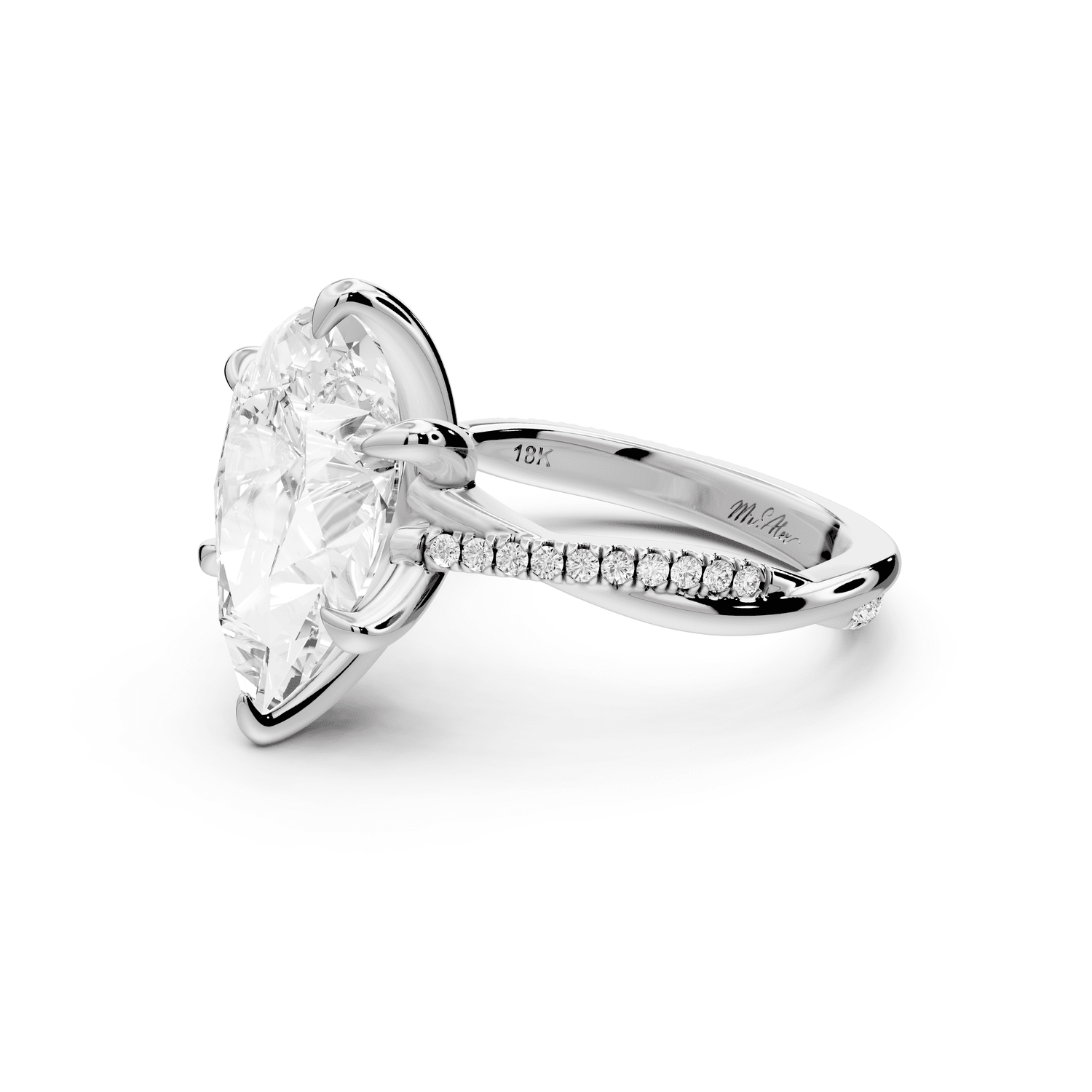 Ella - 4ct 18k white gold Pear Classic Solitaire Engagement Ring with Shared-Prong Pavé Band - Mr. Alex Jewelry