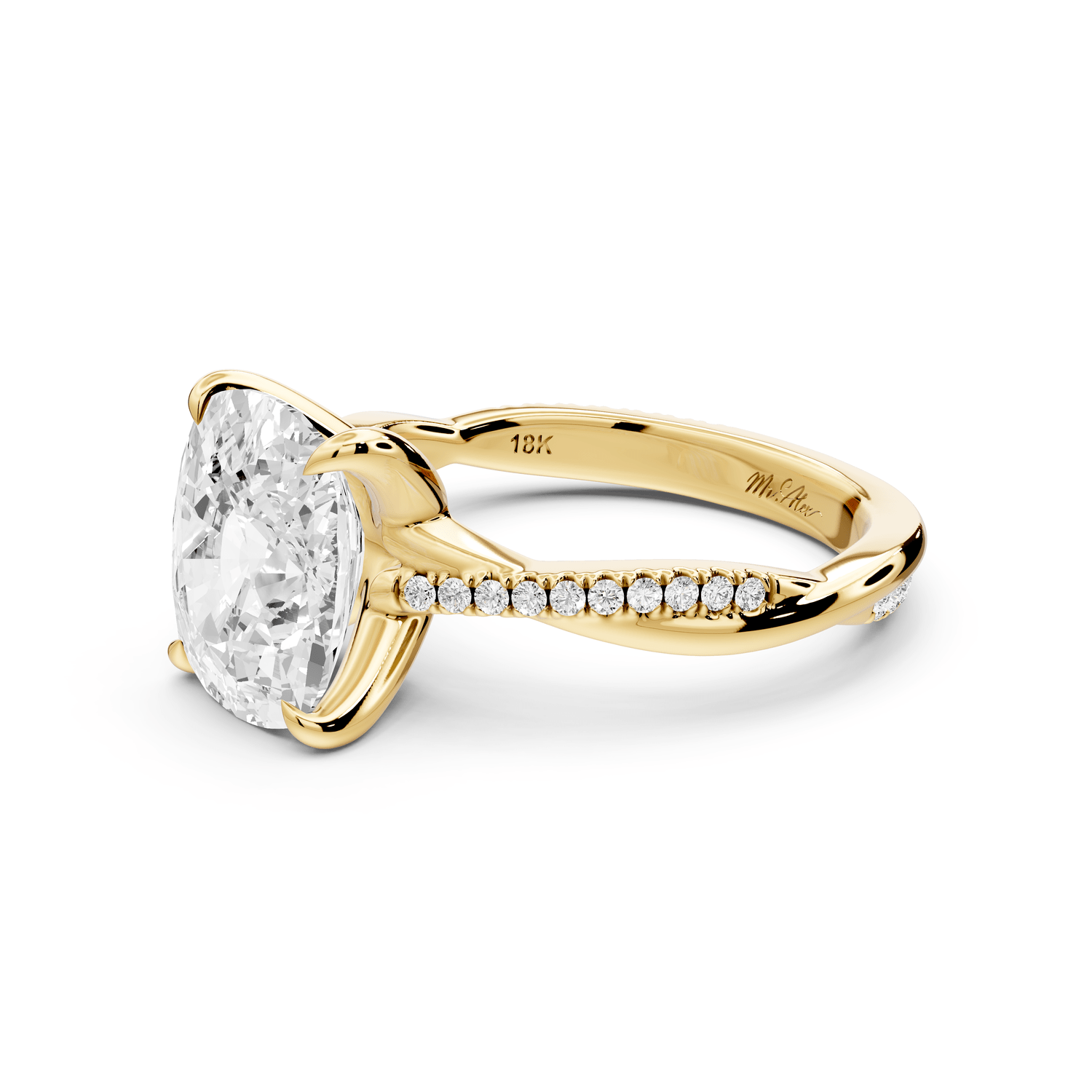Ella - 4ct 18k yellow gold Ecushion Classic Solitaire Engagement Ring with Shared-Prong Pavé Band - Mr. Alex Jewelry