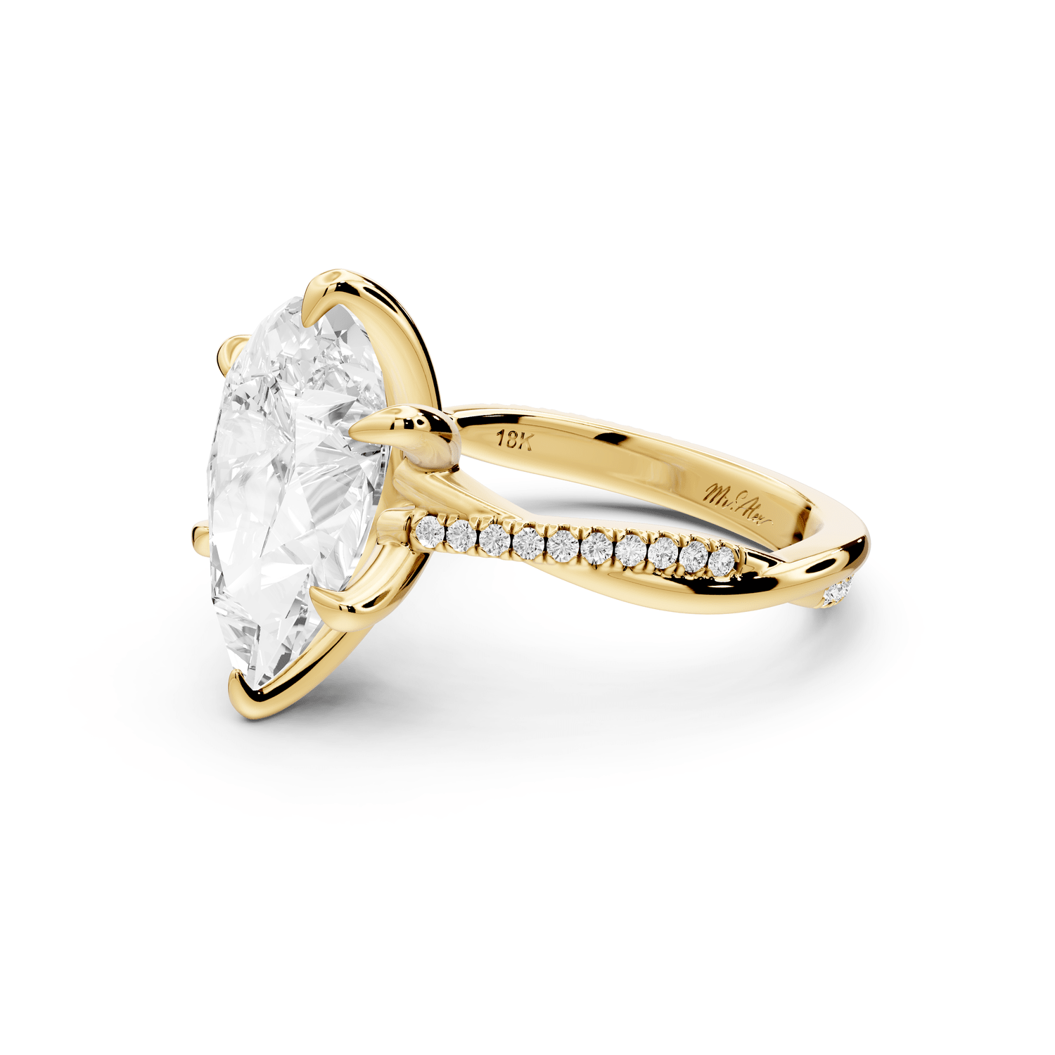 Ella - 4ct 18k yellow gold Pear Classic Solitaire Engagement Ring with Shared-Prong Pavé Band - Mr. Alex Jewelry