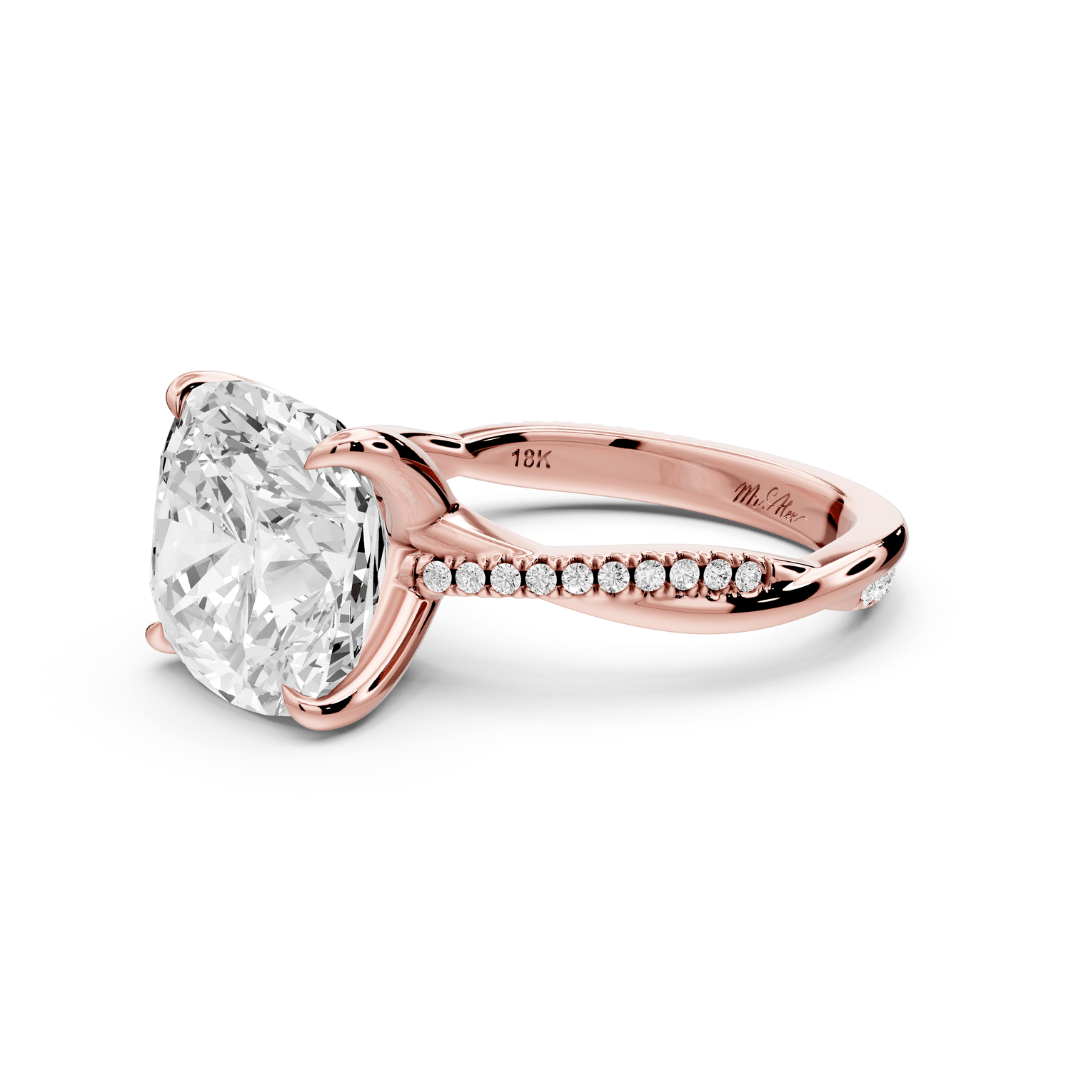 Ella - 5ct 14k rose gold Cushion Classic Solitaire Engagement Ring with Shared-Prong Pavé Band - Mr. Alex Jewelry