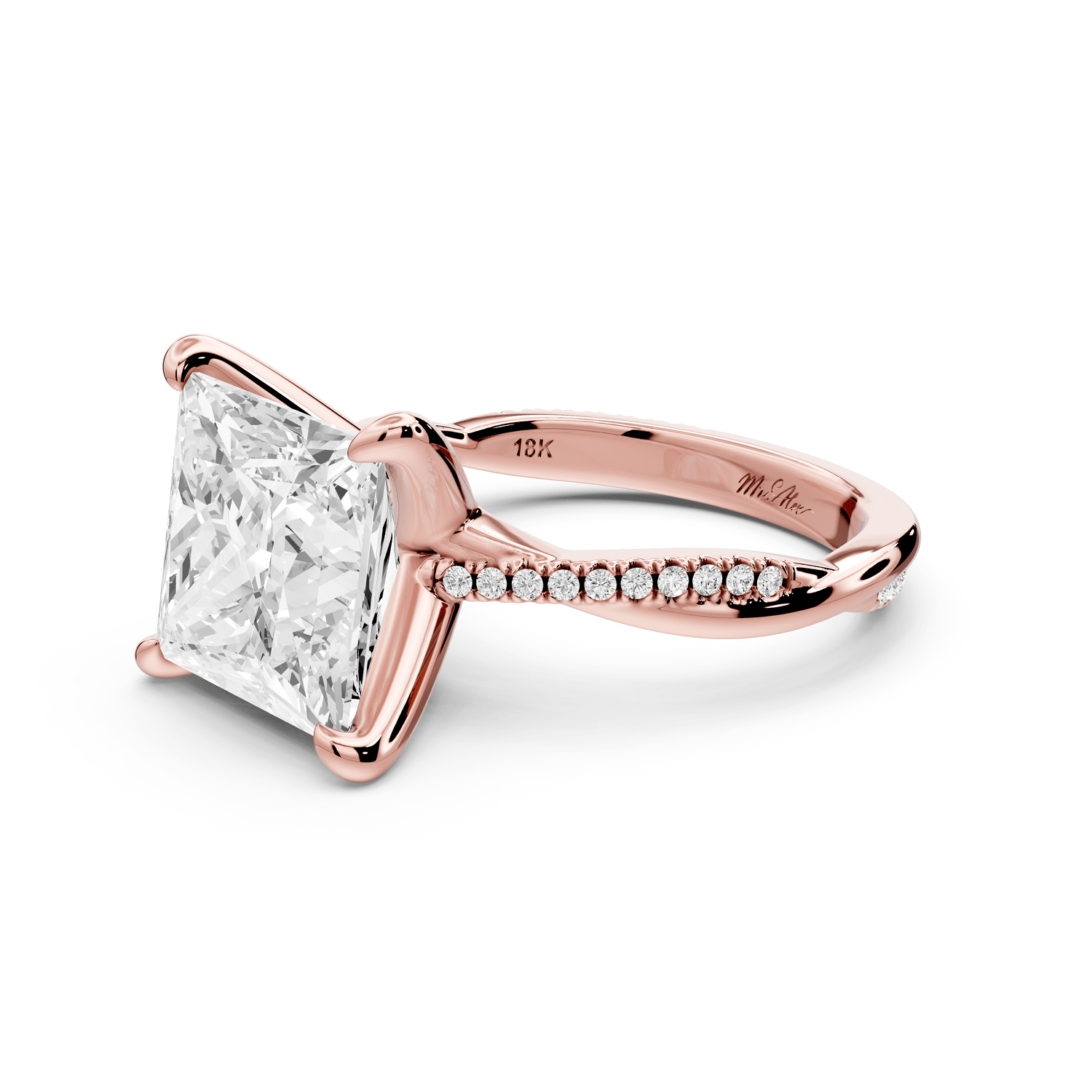 Ella - 5ct 14k rose gold Princess Classic Solitaire Engagement Ring with Shared-Prong Pavé Band - Mr. Alex Jewelry