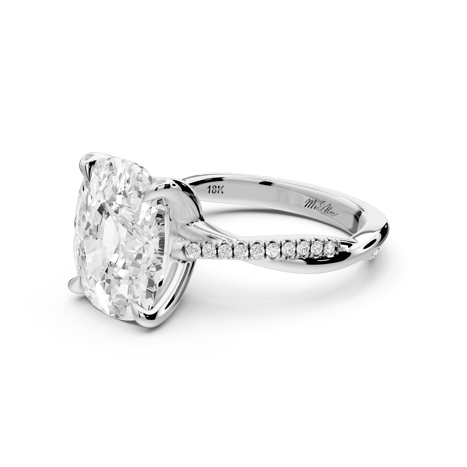 Ella - 5ct 14k white gold Ecushion Classic Solitaire Engagement Ring with Shared-Prong Pavé Band - Mr. Alex Jewelry