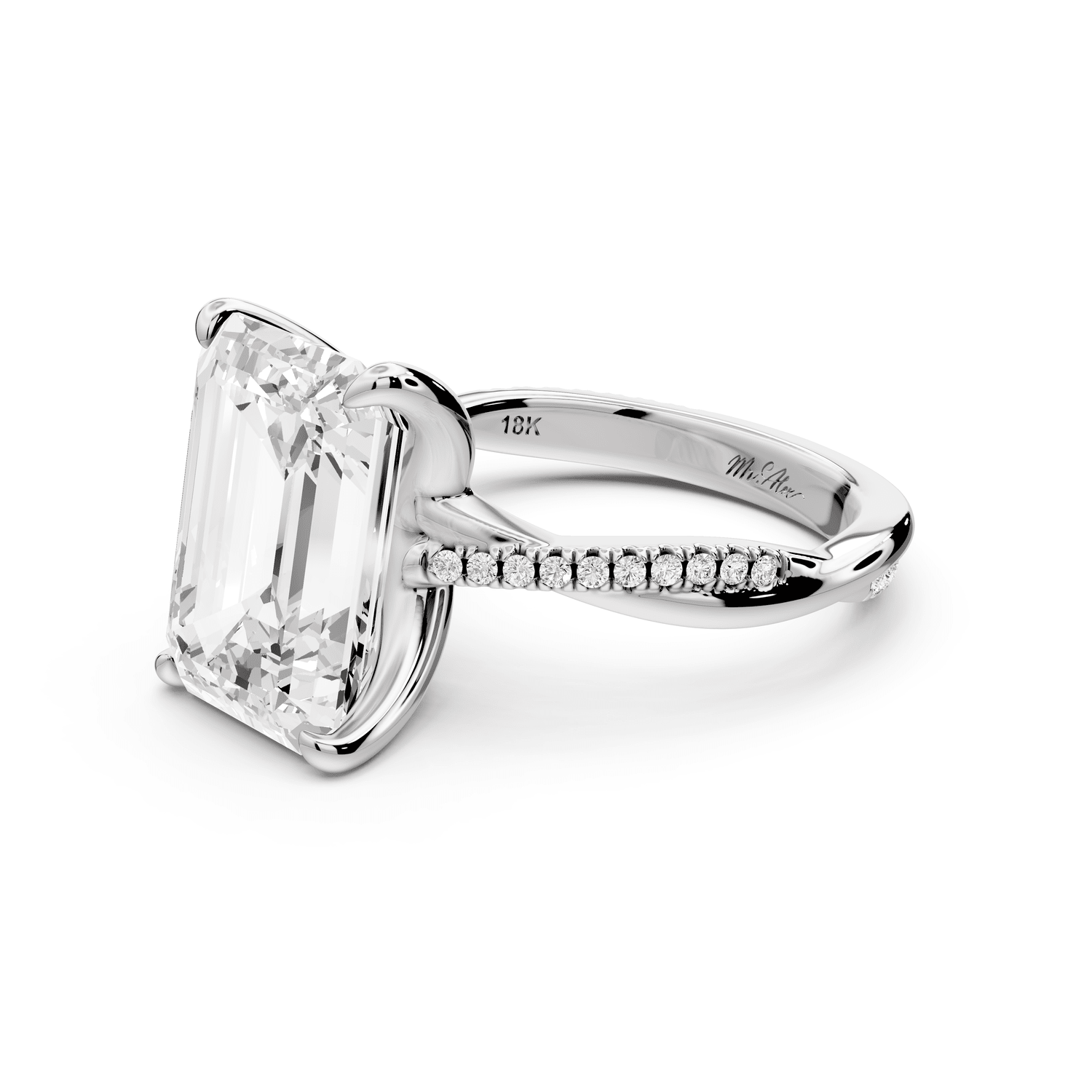 Ella - 5ct 14k white gold Emerald Classic Solitaire Engagement Ring with Shared-Prong Pavé Band - Mr. Alex Jewelry