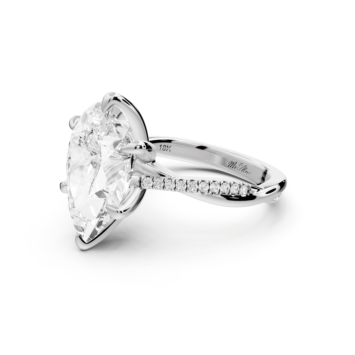 Ella - 5ct 14k white gold Pear Classic Solitaire Engagement Ring with Shared-Prong Pavé Band - Mr. Alex Jewelry