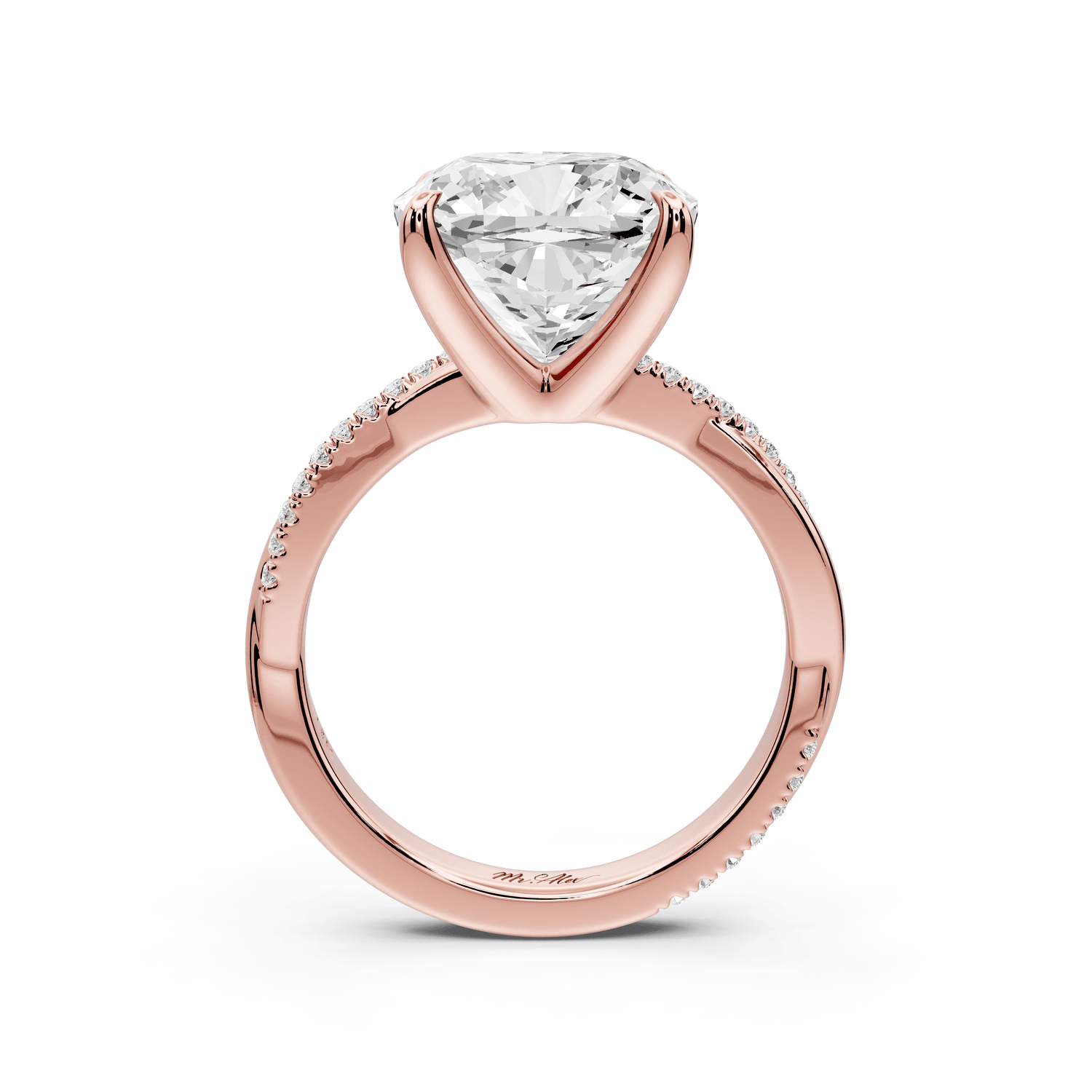 Ella - 5ct 18k rose gold Cushion Classic Solitaire Engagement Ring with Shared-Prong Pavé Band - Mr. Alex Jewelry