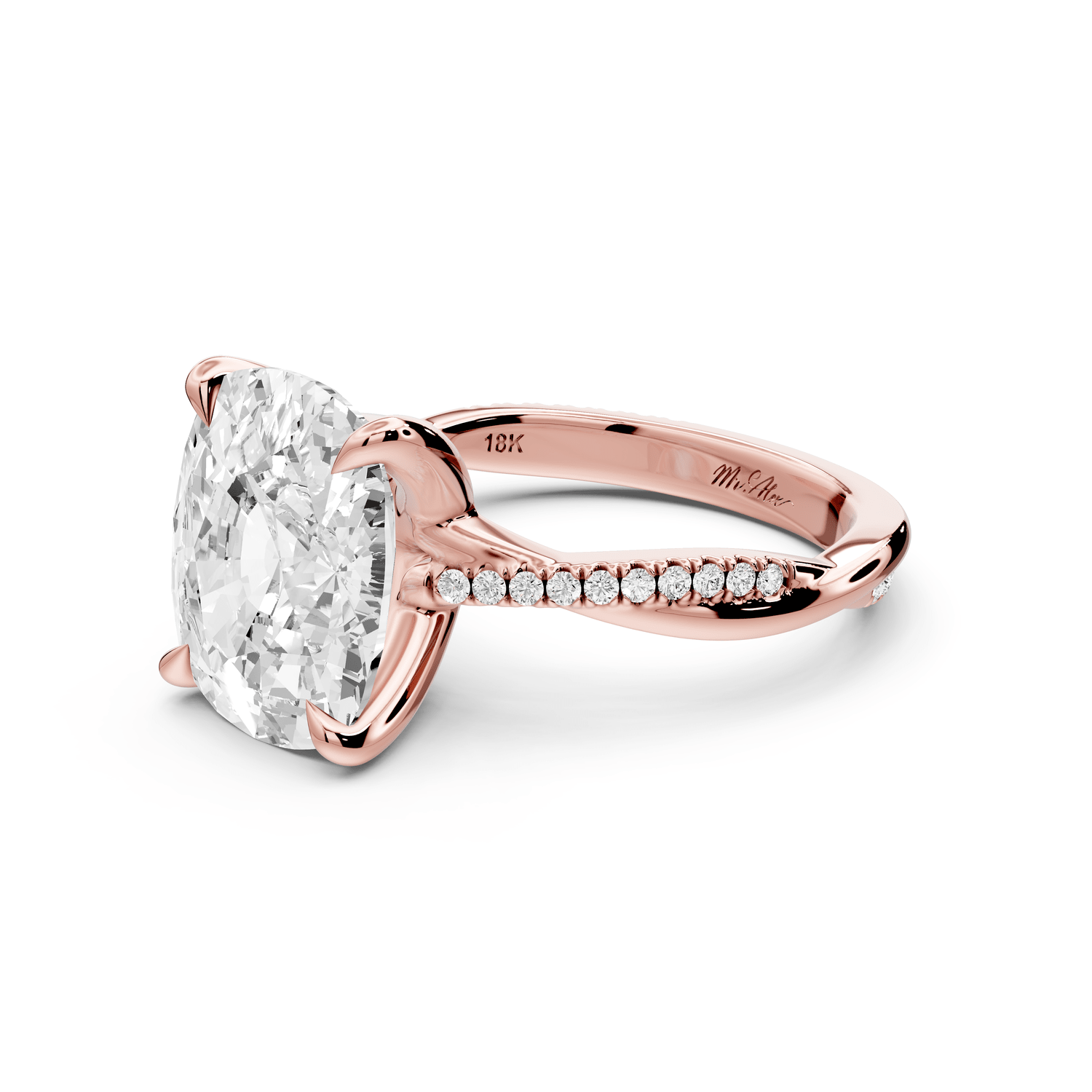 Ella - 5ct 18k rose gold Ecushion Classic Solitaire Engagement Ring with Shared-Prong Pavé Band - Mr. Alex Jewelry