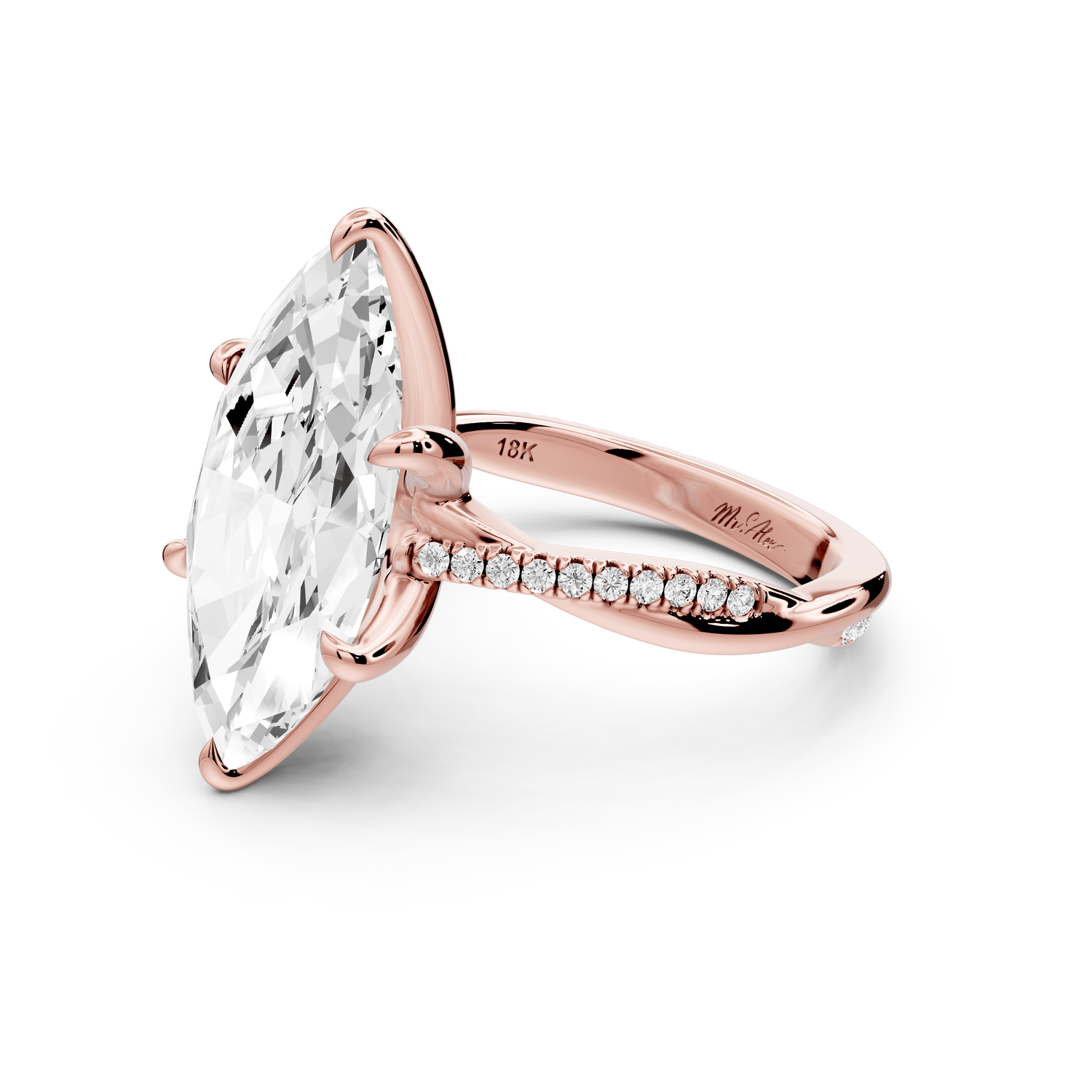 Ella - 5ct 18k rose gold Marquise Classic Solitaire Engagement Ring with Shared-Prong Pavé Band - Mr. Alex Jewelry
