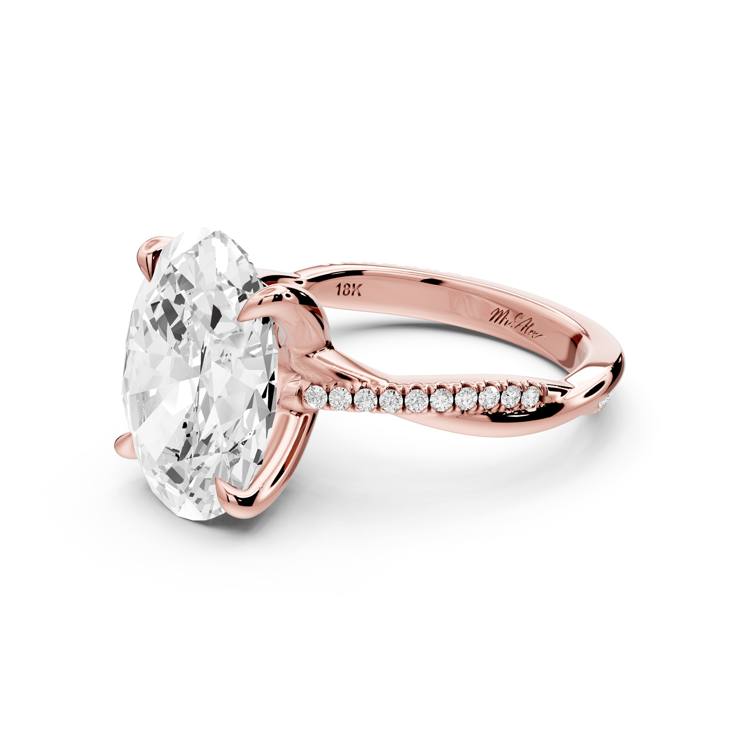 Ella - 5ct 18k rose gold Oval Classic Solitaire Engagement Ring with Shared-Prong Pavé Band - Mr. Alex Jewelry