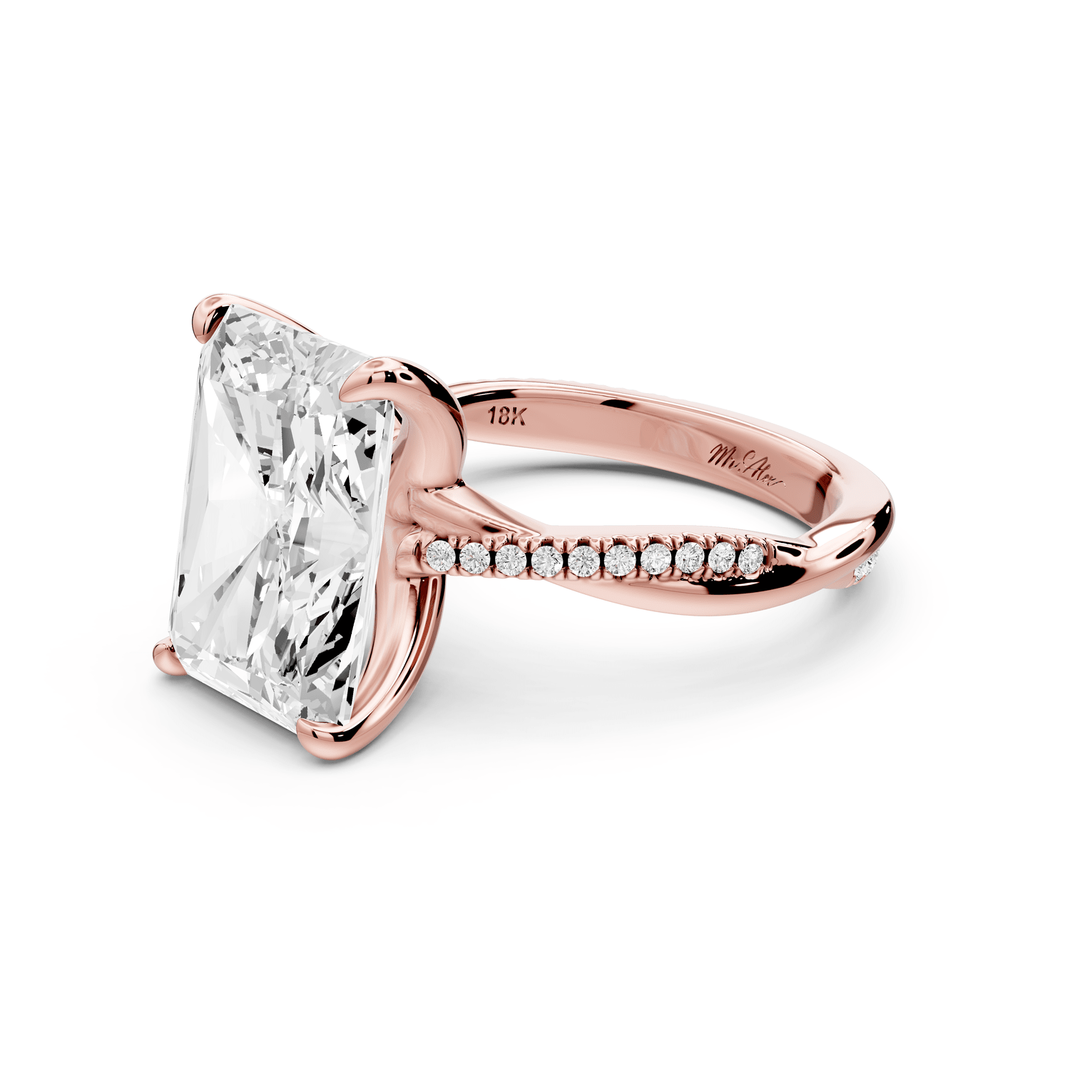 Ella - 5ct 18k rose gold Radiant Classic Solitaire Engagement Ring with Shared-Prong Pavé Band - Mr. Alex Jewelry