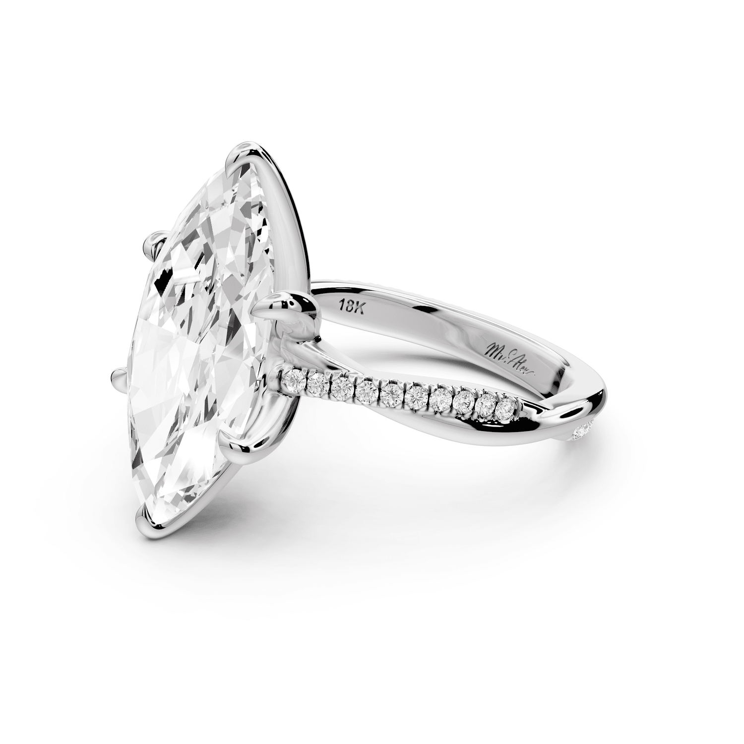 Ella - 5ct 18k white gold Marquise Classic Solitaire Engagement Ring with Shared-Prong Pavé Band - Mr. Alex Jewelry