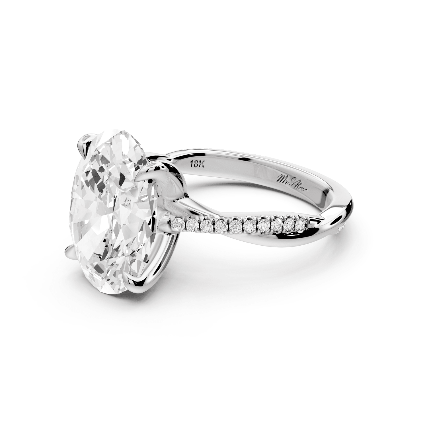 Ella - 5ct 18k white gold Oval Classic Solitaire Engagement Ring with Shared-Prong Pavé Band - Mr. Alex Jewelry