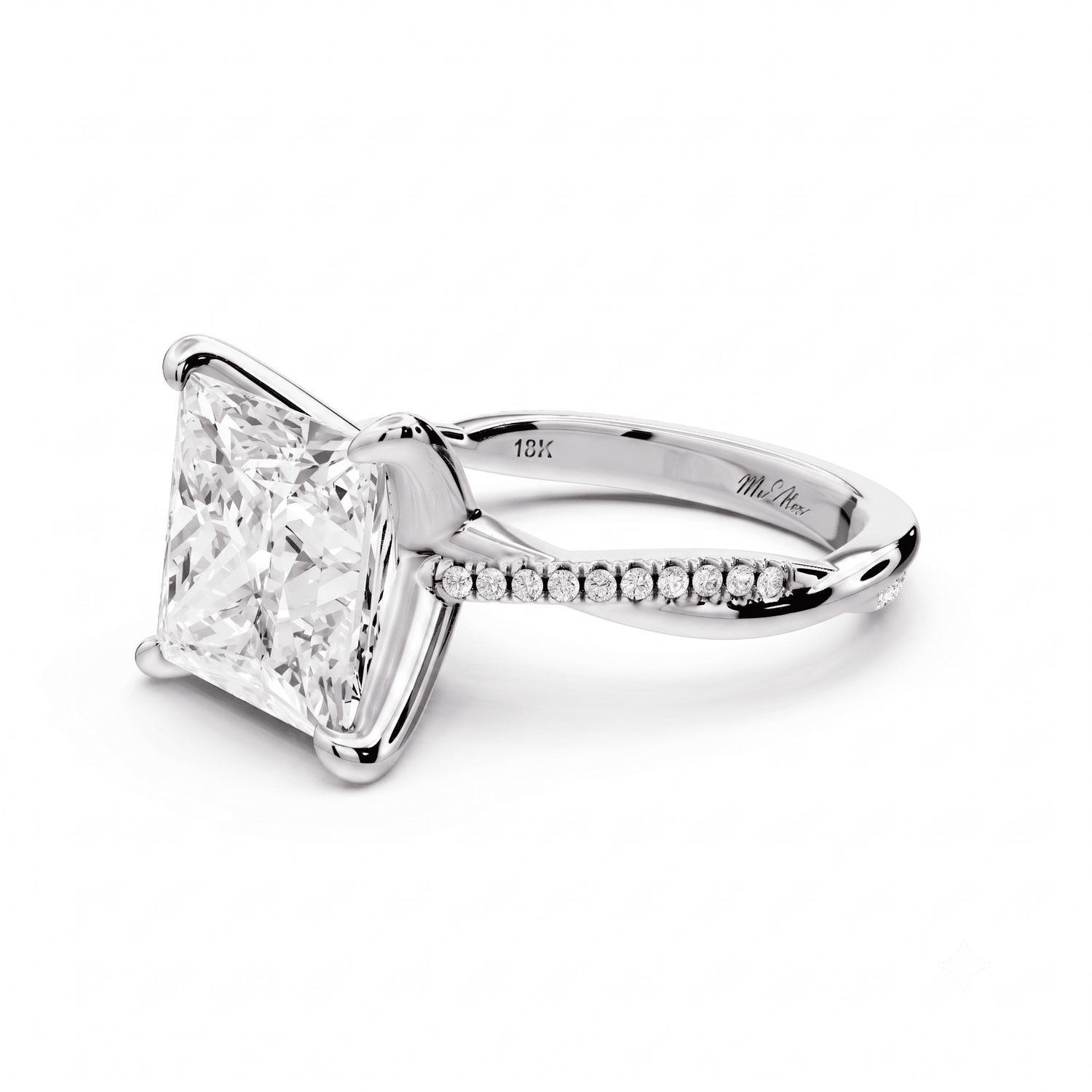 Ella - 5ct 18k white gold Princess Classic Solitaire Engagement Ring with Shared-Prong Pavé Band - Mr. Alex Jewelry