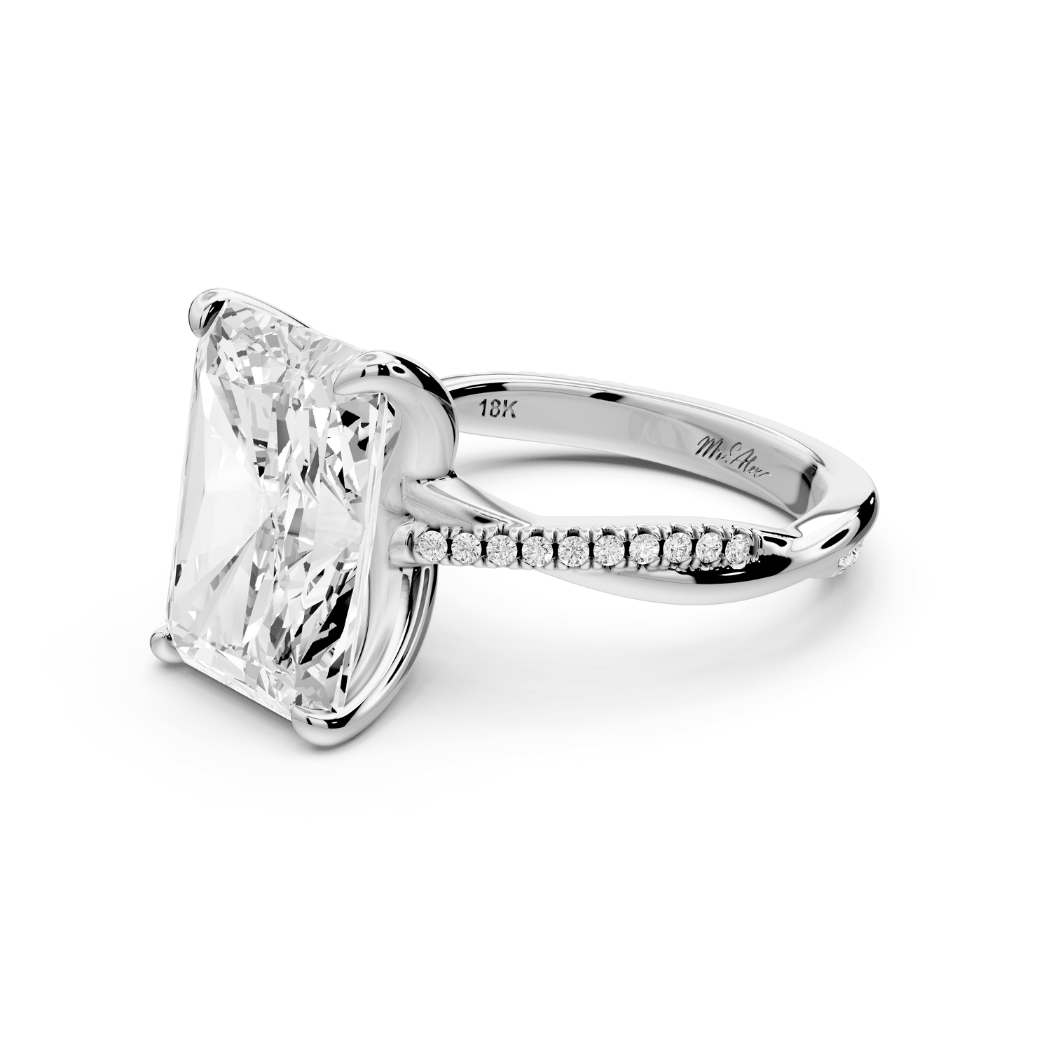Ella - 5ct 18k white gold Radiant Classic Solitaire Engagement Ring with Shared-Prong Pavé Band - Mr. Alex Jewelry