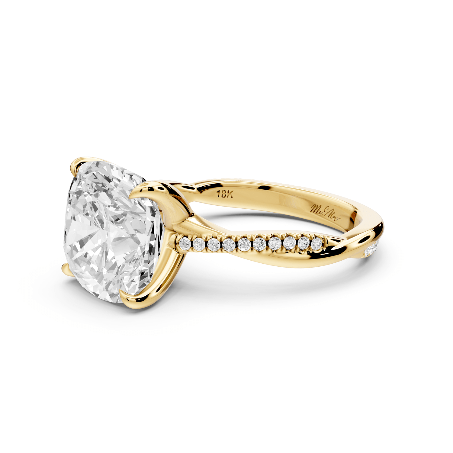 Ella - 5ct 18k yellow gold Cushion Classic Solitaire Engagement Ring with Shared-Prong Pavé Band - Mr. Alex Jewelry