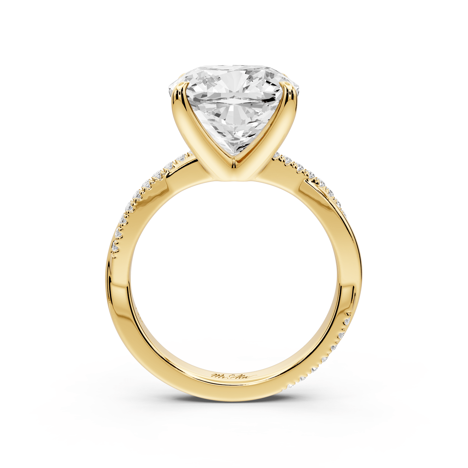 Ella - 5ct 18k yellow gold Cushion Classic Solitaire Engagement Ring with Shared-Prong Pavé Band - Mr. Alex Jewelry