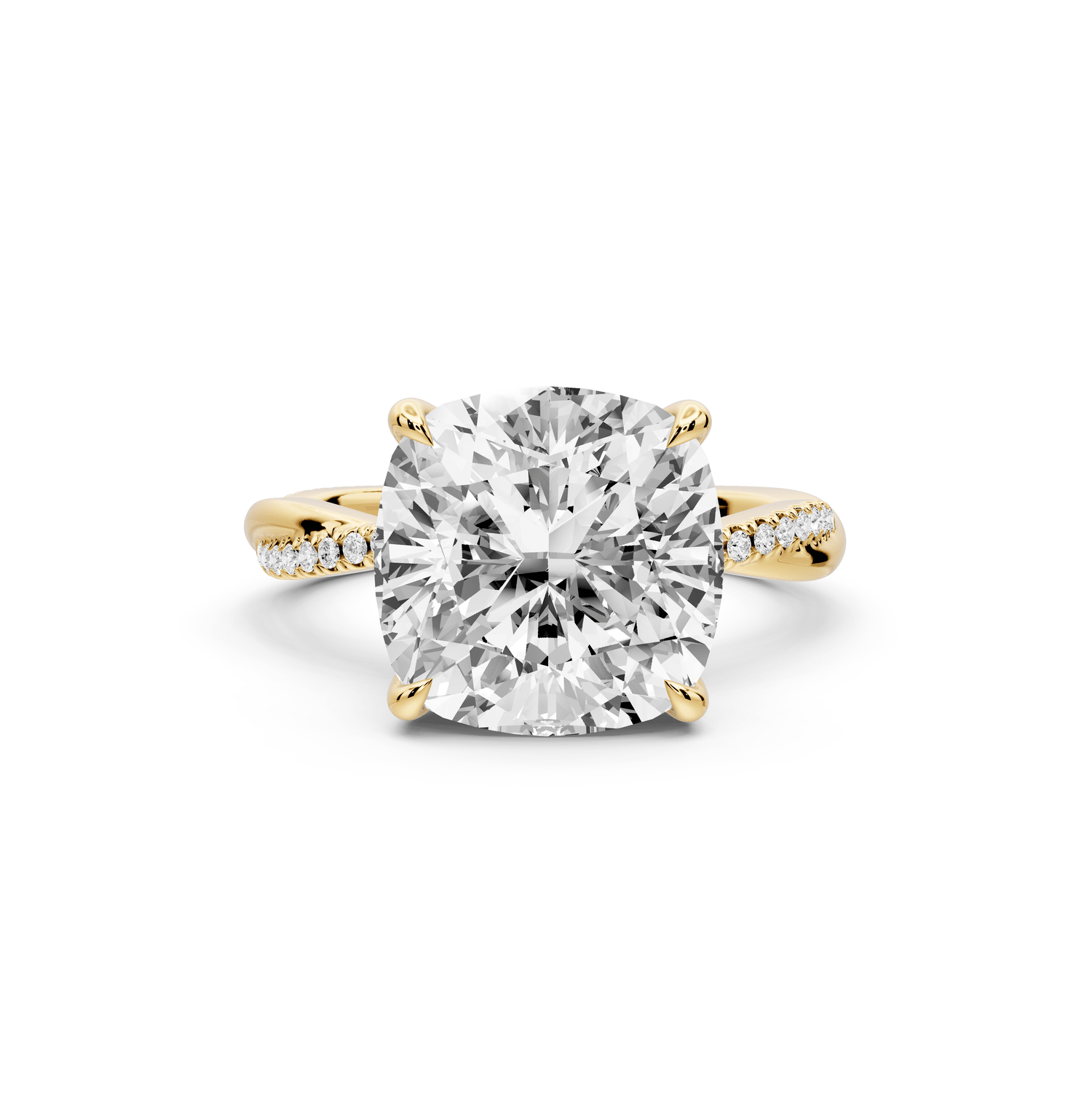 Ella - 5ct 18k yellow gold Cushion Classic Solitaire Engagement Ring with Shared-Prong Pavé Band - Mr. Alex Jewelry