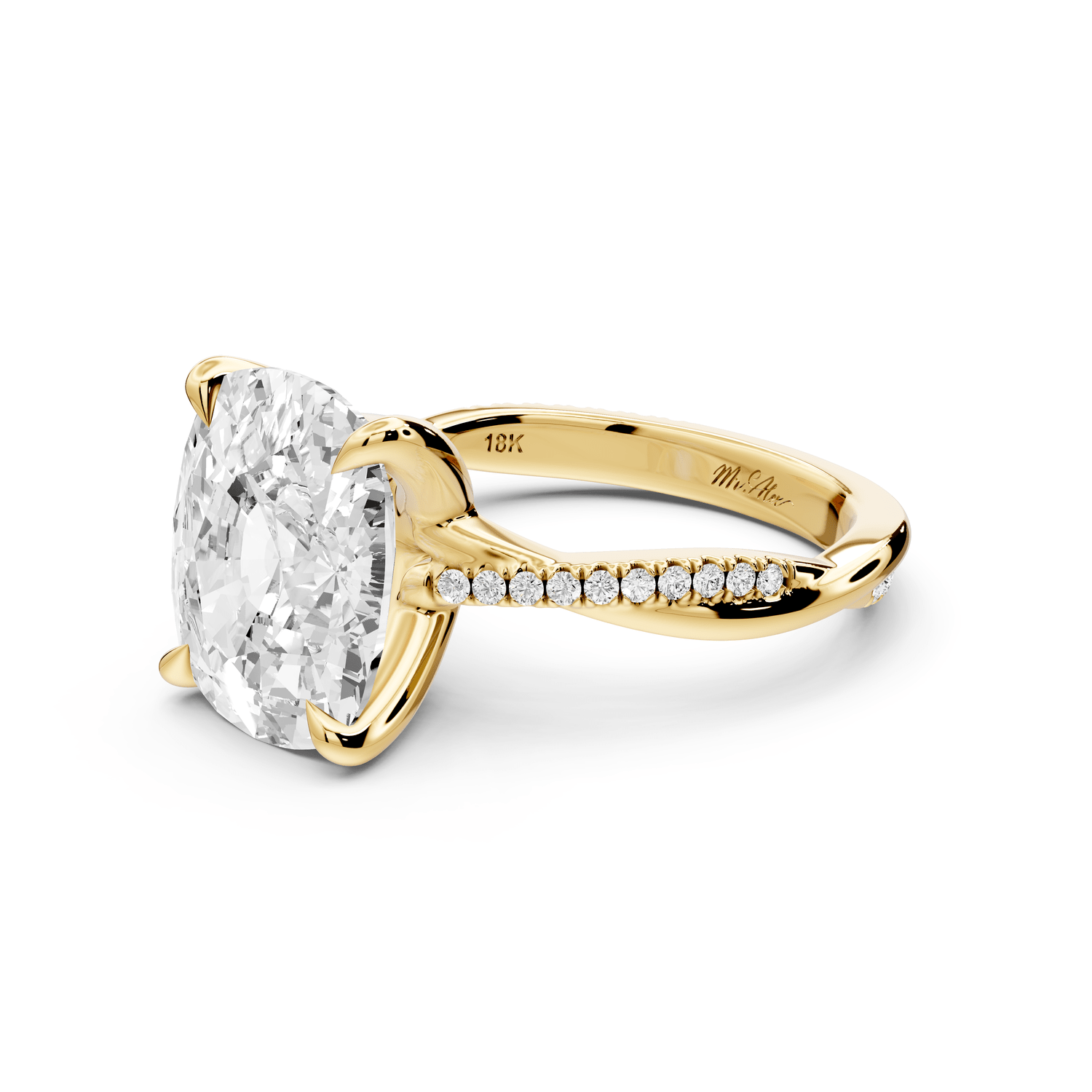 Ella - 5ct 18k yellow gold Ecushion Classic Solitaire Engagement Ring with Shared-Prong Pavé Band - Mr. Alex Jewelry