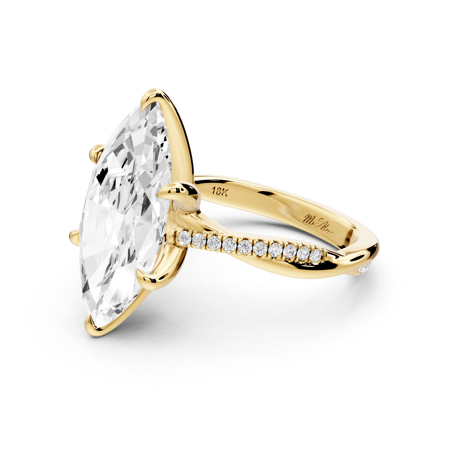 Ella - 5ct 18k yellow gold Marquise Classic Solitaire Engagement Ring with Shared-Prong Pavé Band - Mr. Alex Jewelry