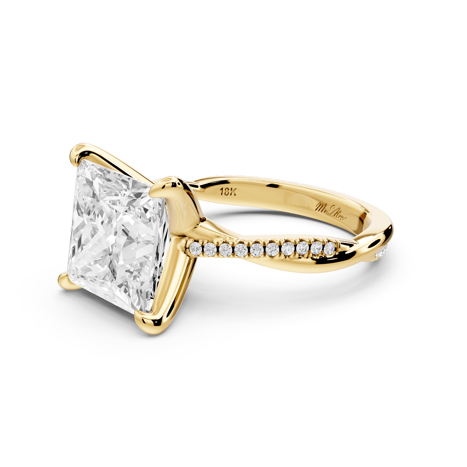 Ella - 5ct 18k yellow gold Princess Classic Solitaire Engagement Ring with Shared-Prong Pavé Band - Mr. Alex Jewelry