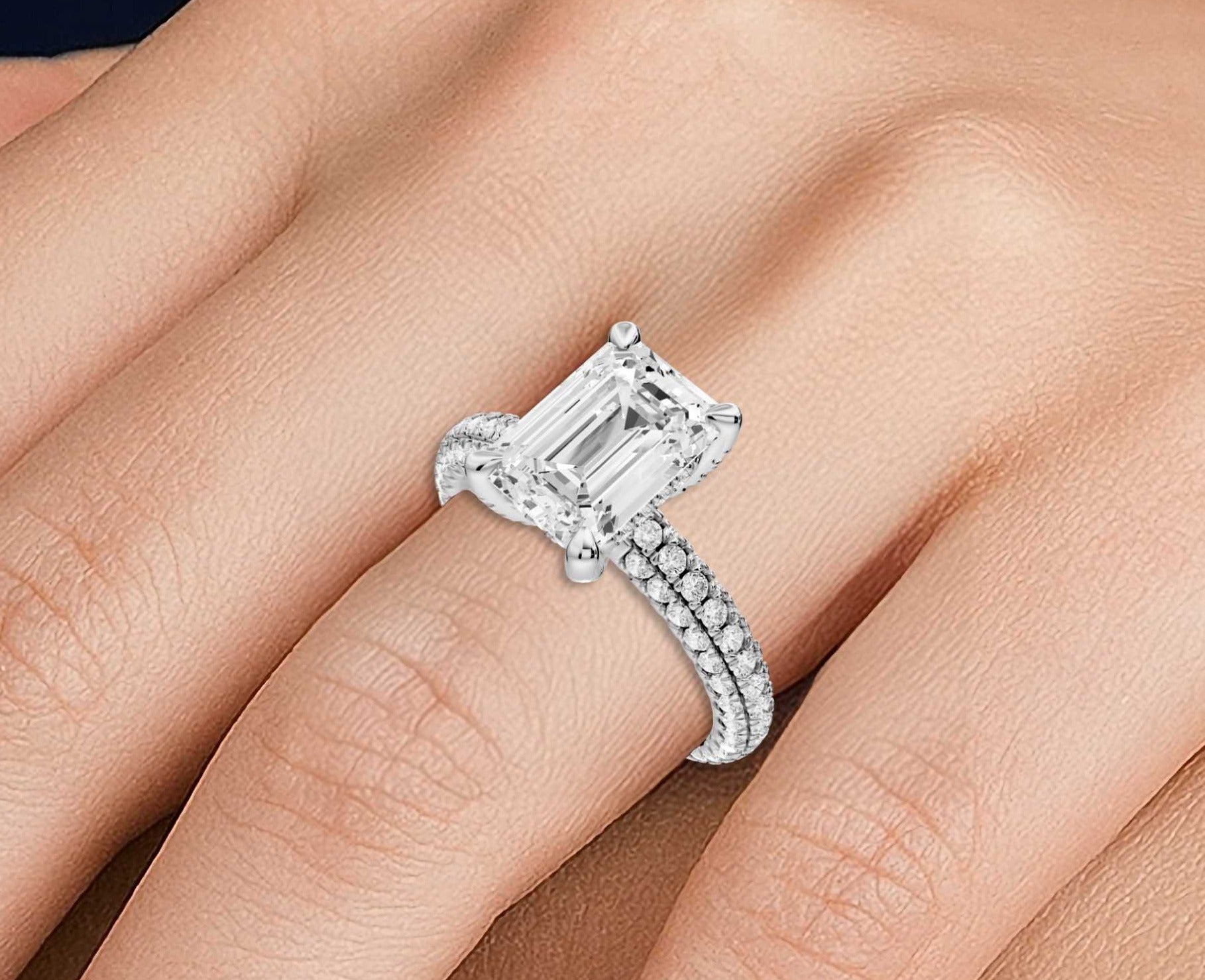 Emerald Cut Diamond Engagement Ring with Pave Band (AJ126E) - Mr. Alex Jewelry