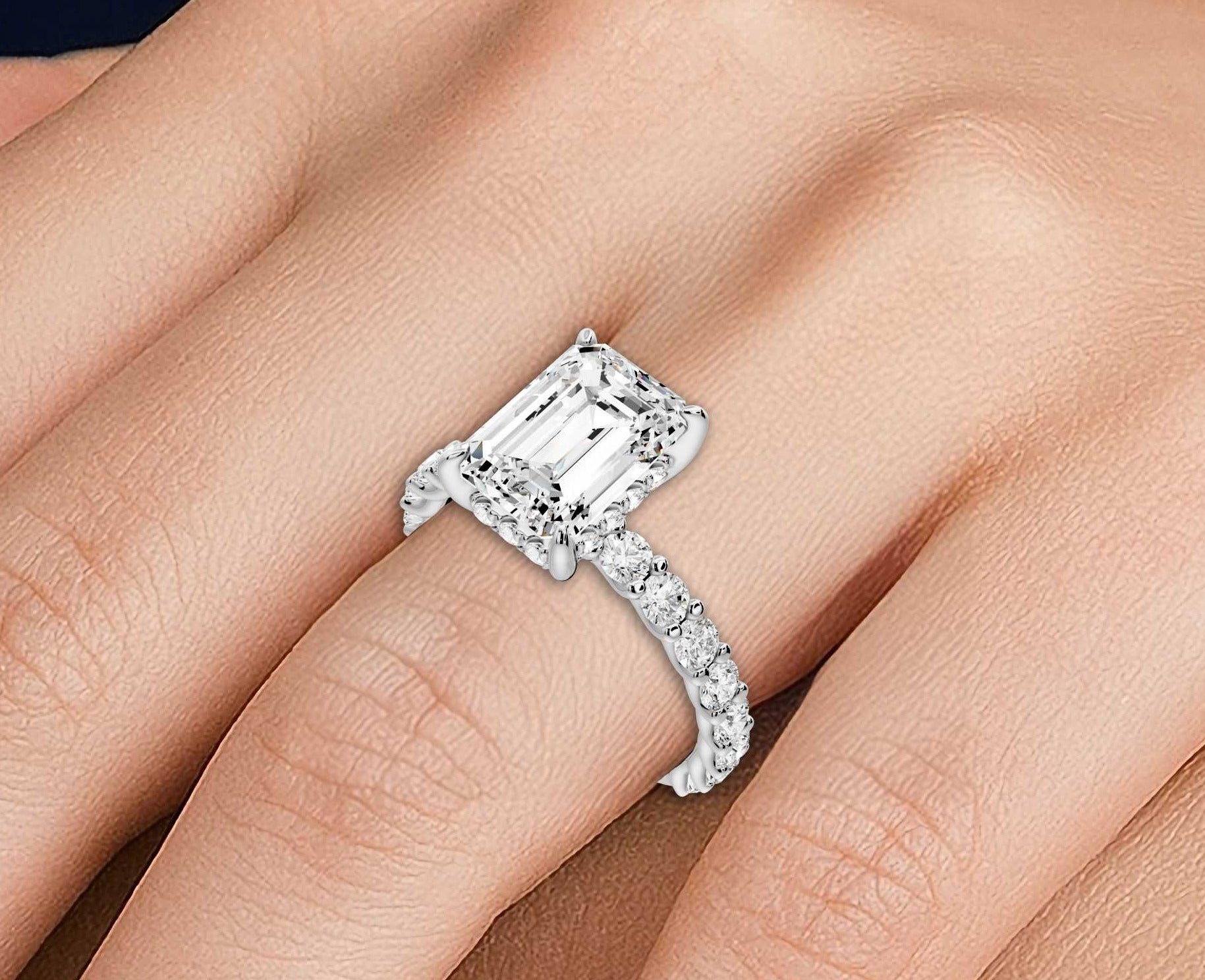 Emerald Cut Diamond Engagement Ring with Pave Band (AJ128E) - Mr. Alex Jewelry
