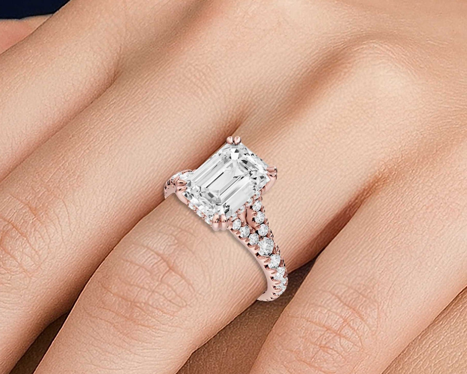 Emerald Cut Diamond Engagement Ring with Pave Band (AJ136E) - Mr. Alex Jewelry