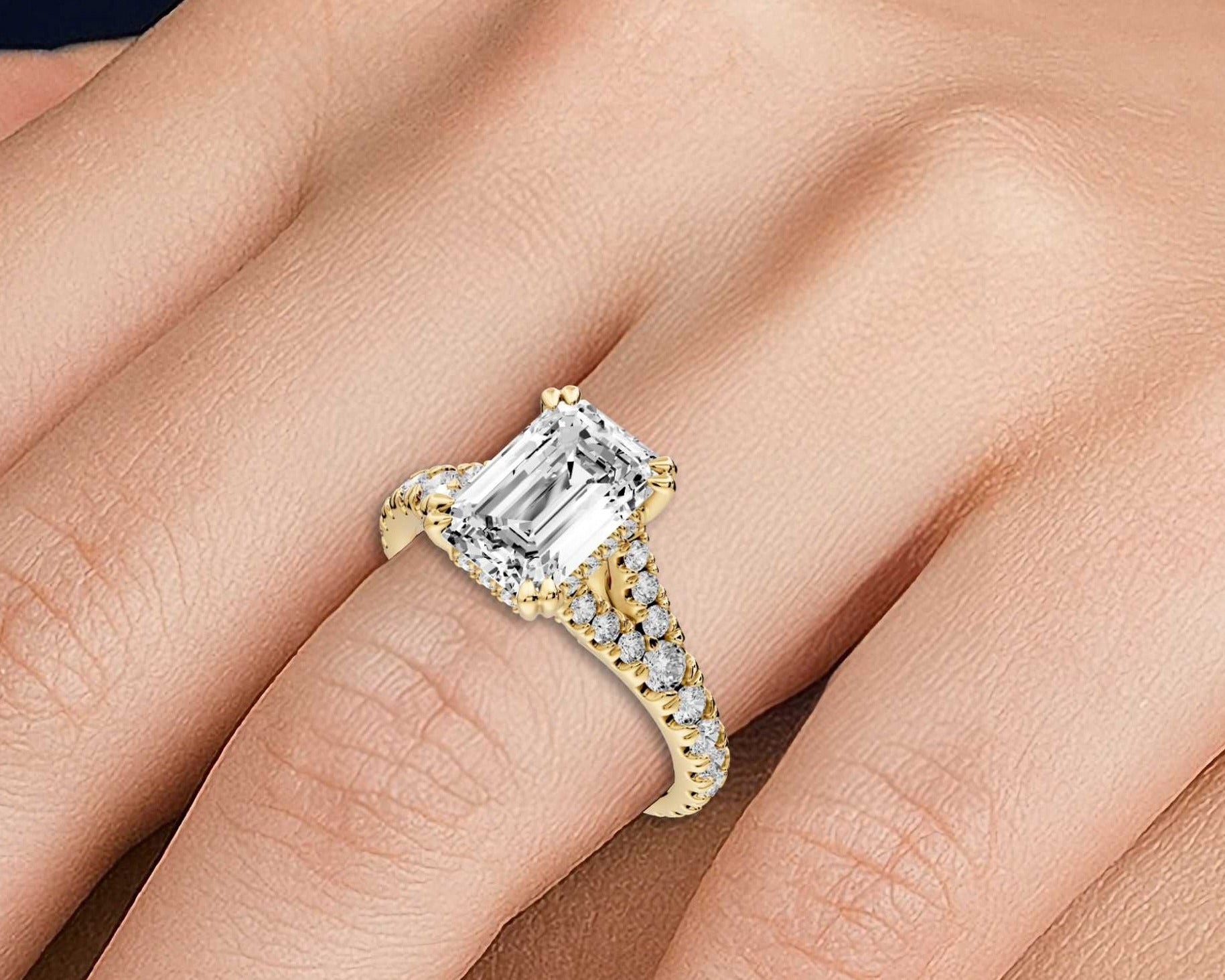 Emerald Cut Diamond Engagement Ring with Pave Band (AJ136E) - Mr. Alex Jewelry