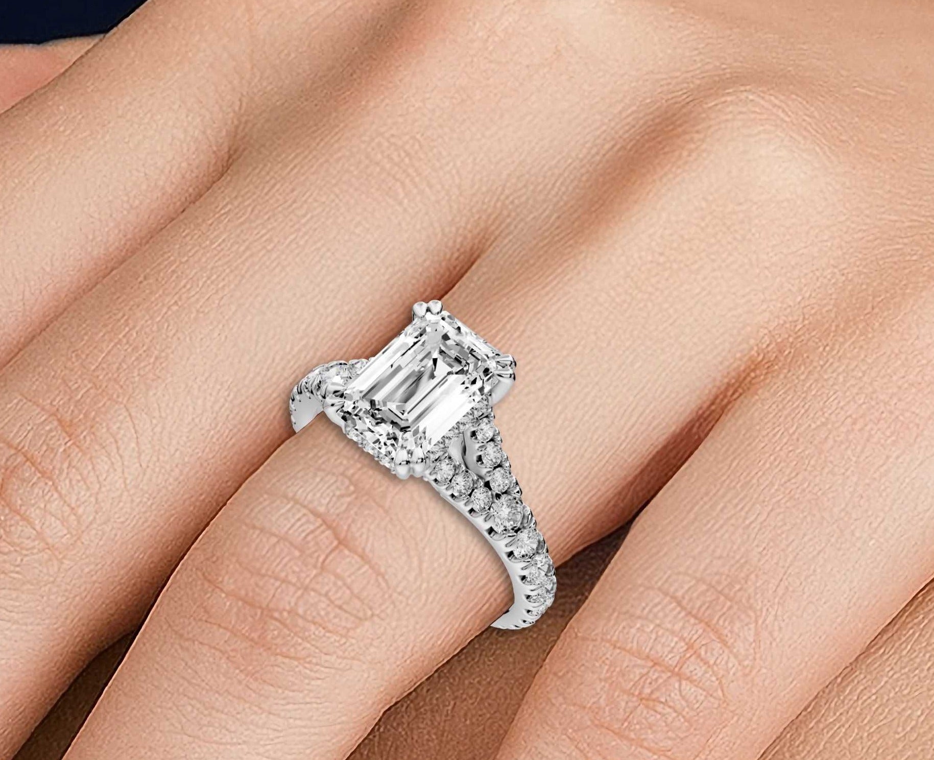 Emerald Cut Diamond Engagement Ring with Pave Band (AJ136E) - Mr. Alex Jewelry