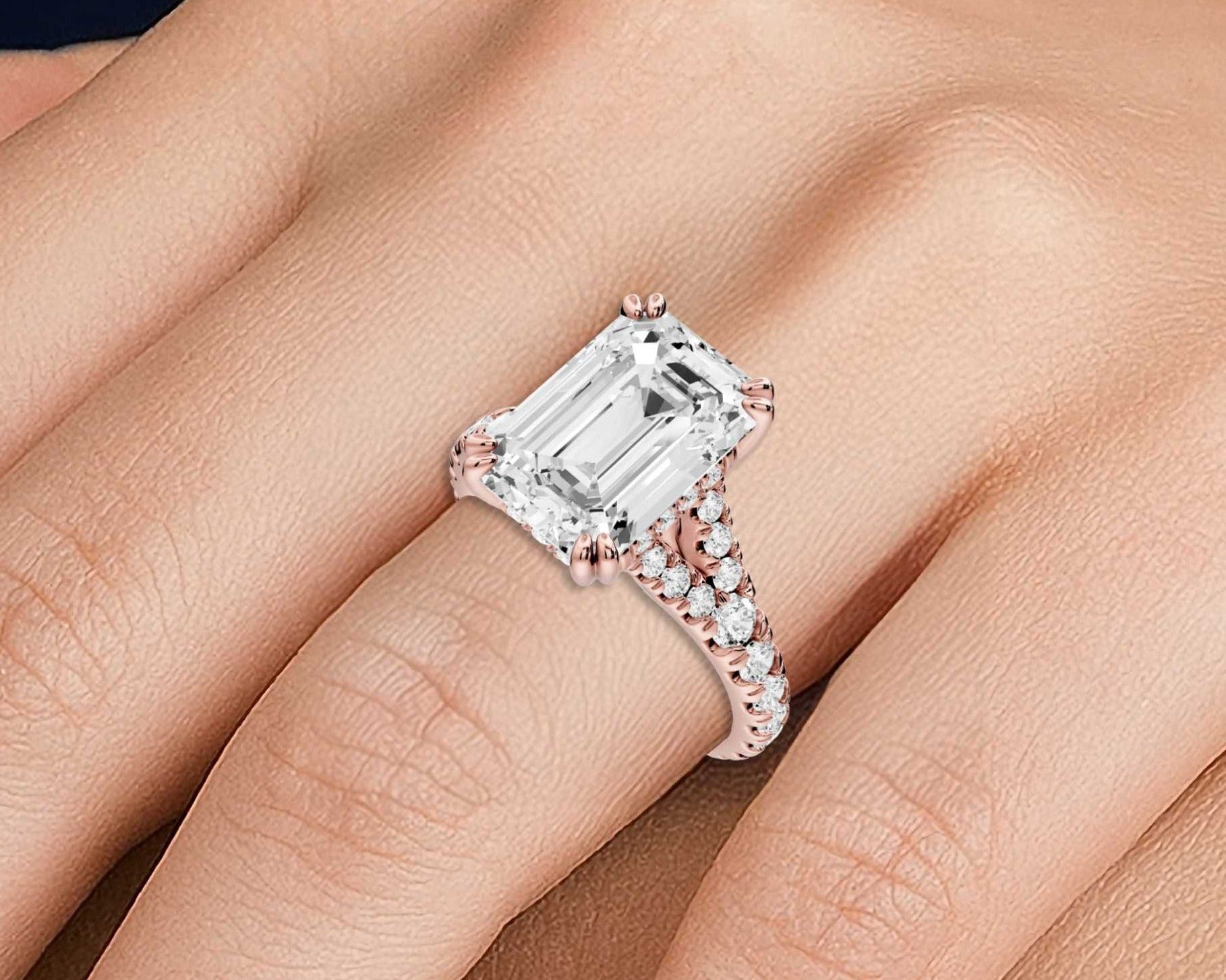 Emerald Cut Diamond Engagement Ring with Pave Band (AJ136E) - Mr. Alex Jewelry