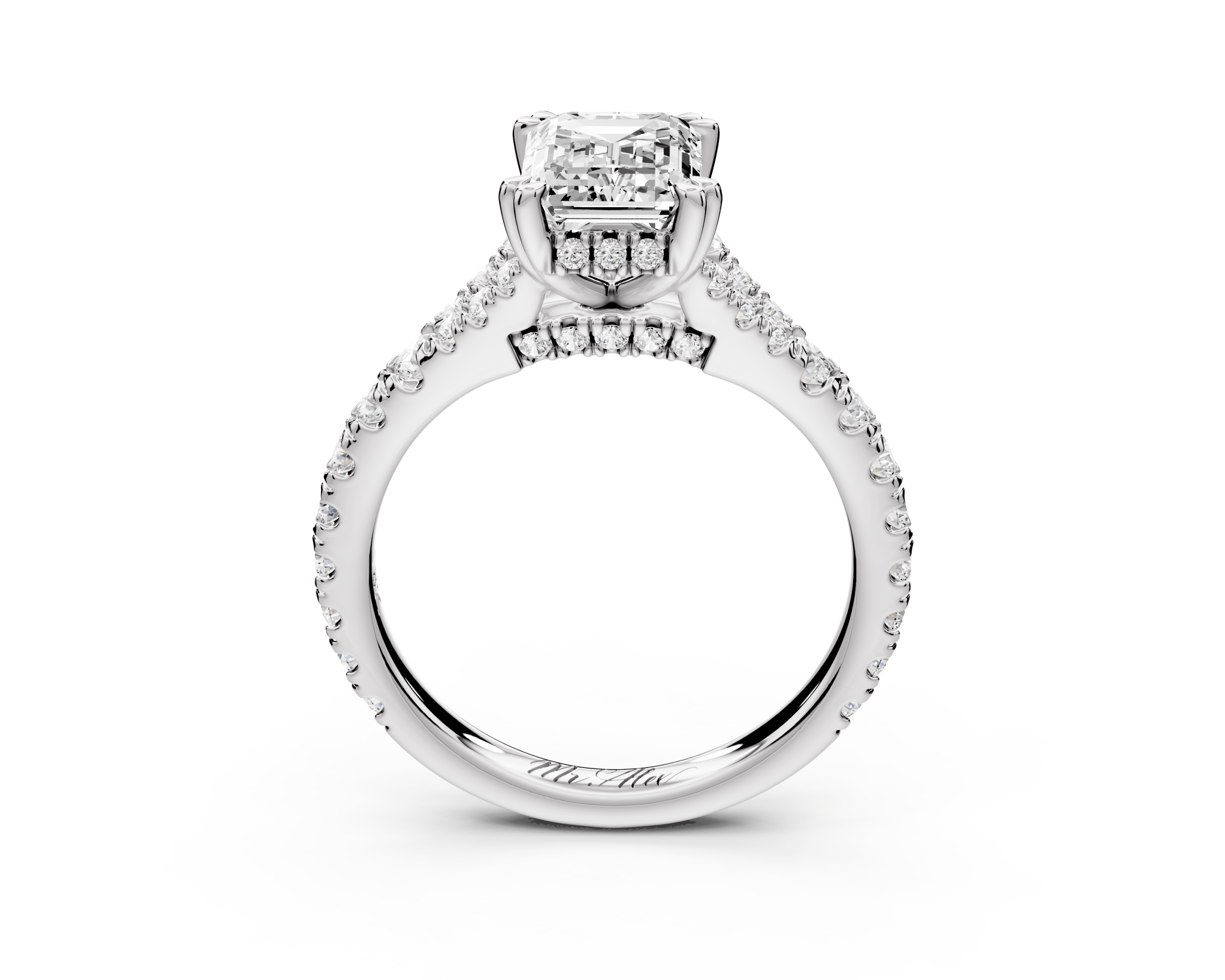 Emerald Cut Diamond Engagement Ring with Pave Band (AJ136E) - Mr. Alex Jewelry