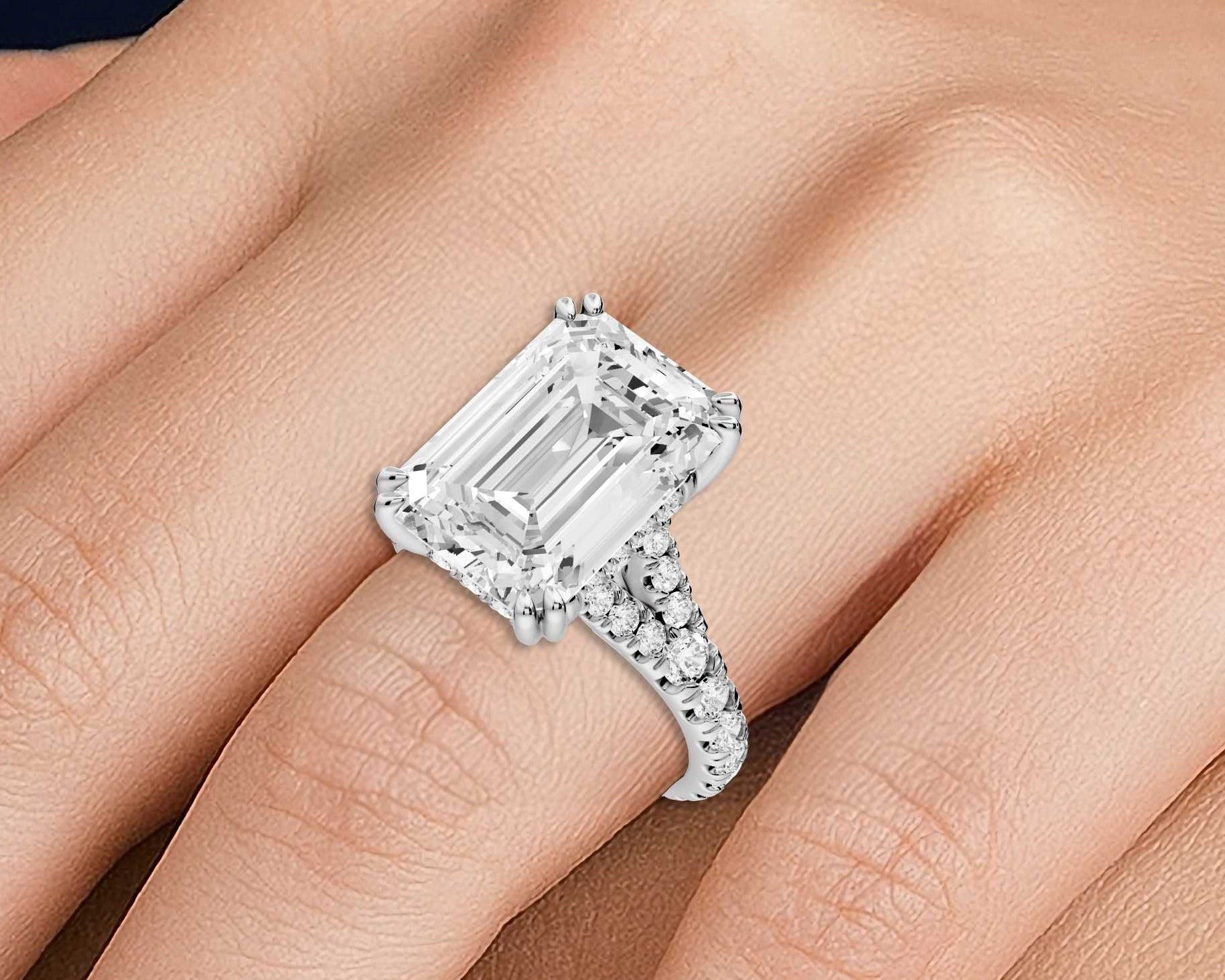 Emerald Cut Diamond Engagement Ring with Pave Band (AJ136E) - Mr. Alex Jewelry