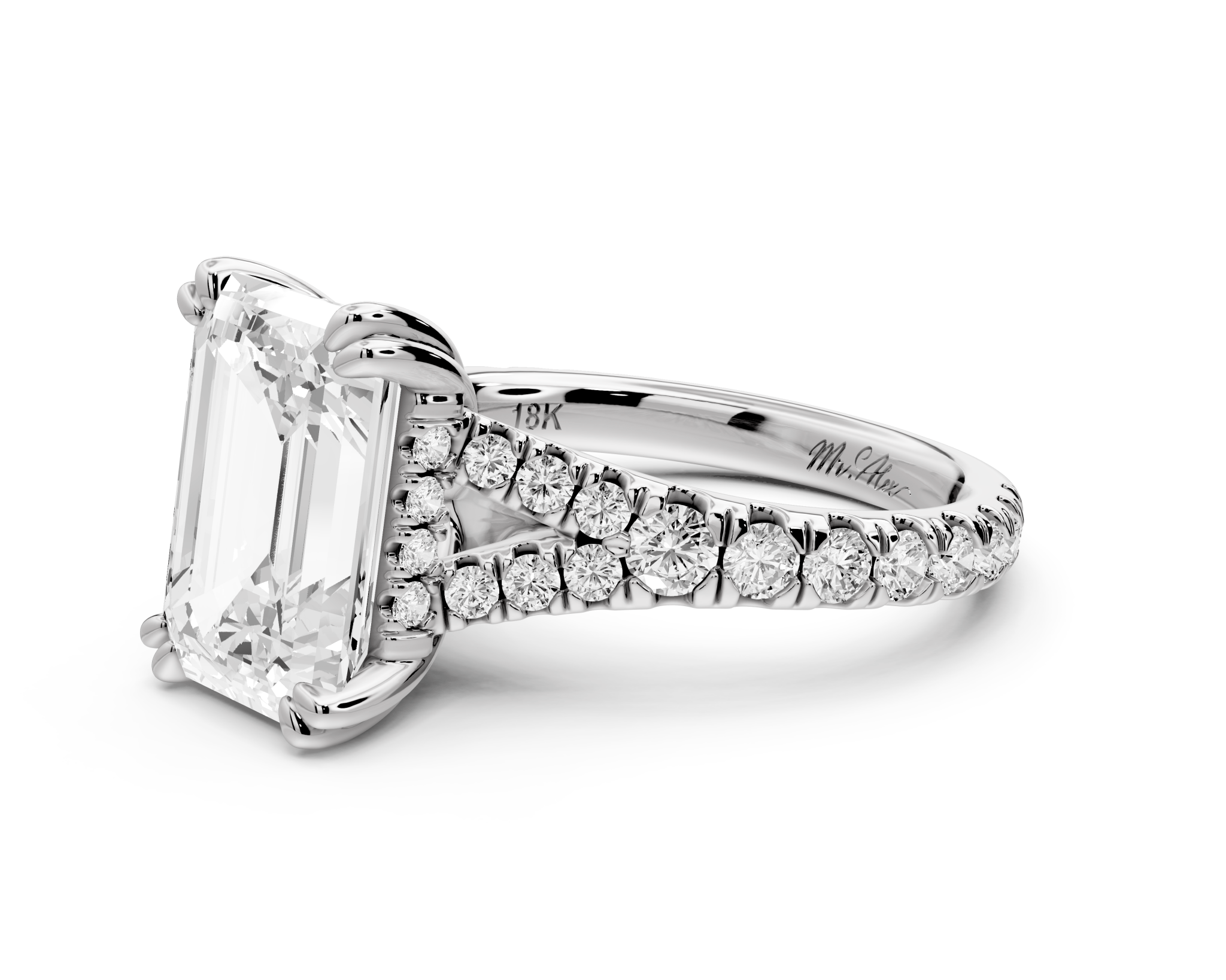 Emerald Cut Diamond Engagement Ring with Pave Band (AJ136E) - Mr. Alex Jewelry