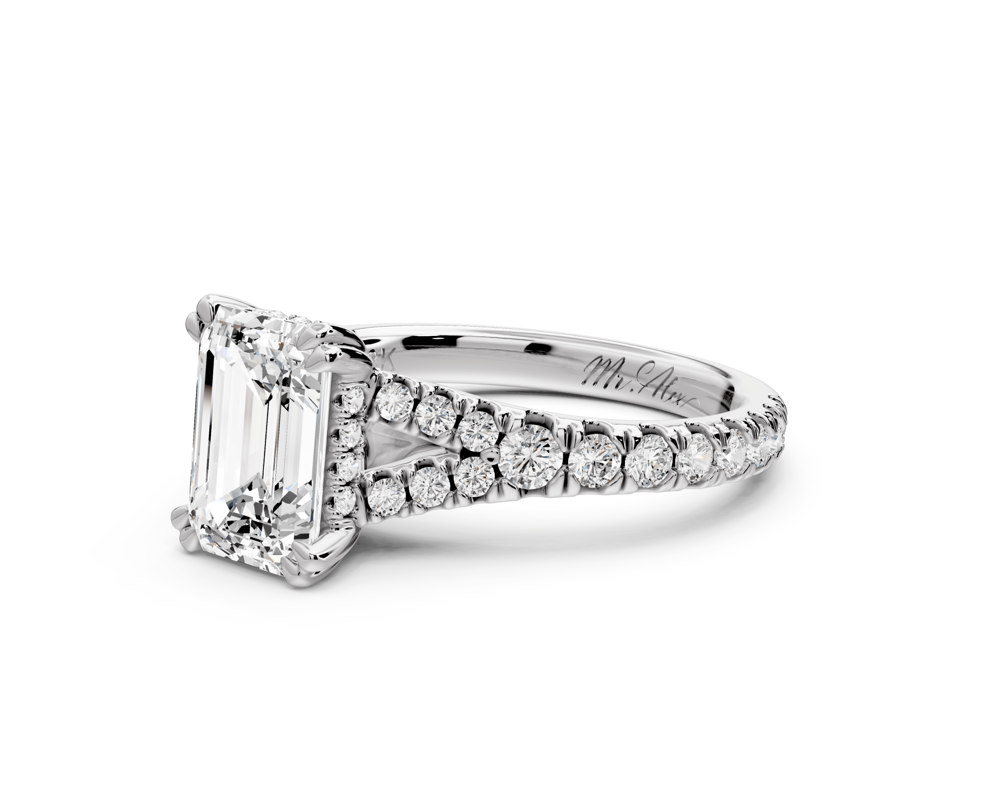 Emerald Cut Diamond Engagement Ring with Pave Band (AJ136E) - Mr. Alex Jewelry
