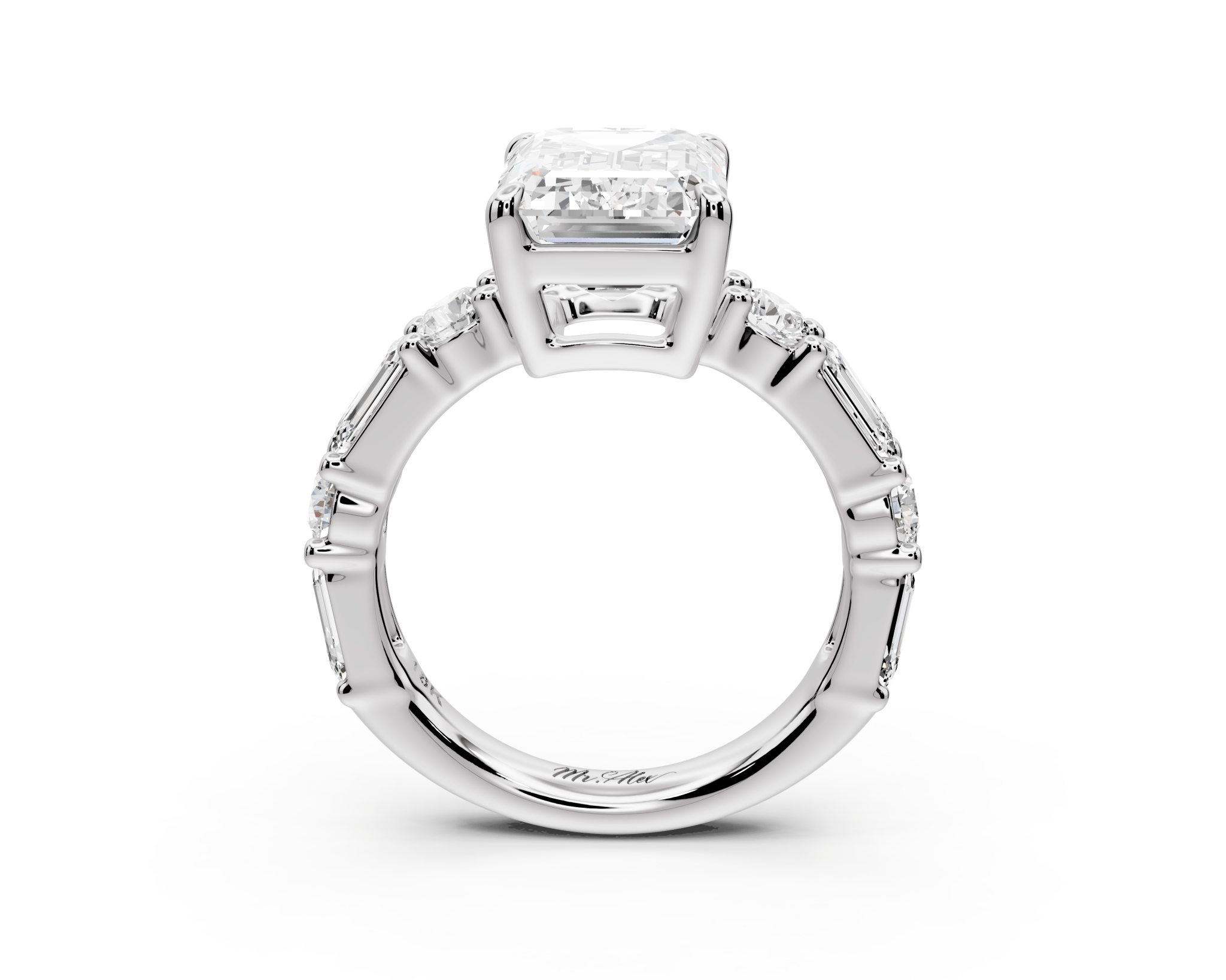 Emerald Cut Diamond Engagement Ring with Side Stones (AJ102E) - Mr. Alex Jewelry