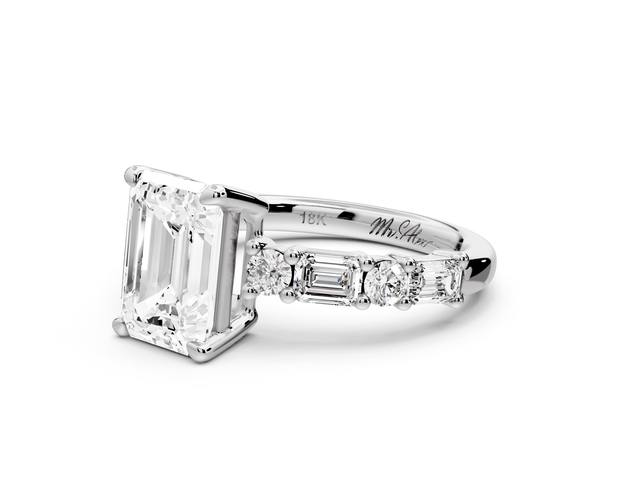 Emerald Cut Diamond Engagement Ring with Side Stones (AJ102E) - Mr. Alex Jewelry