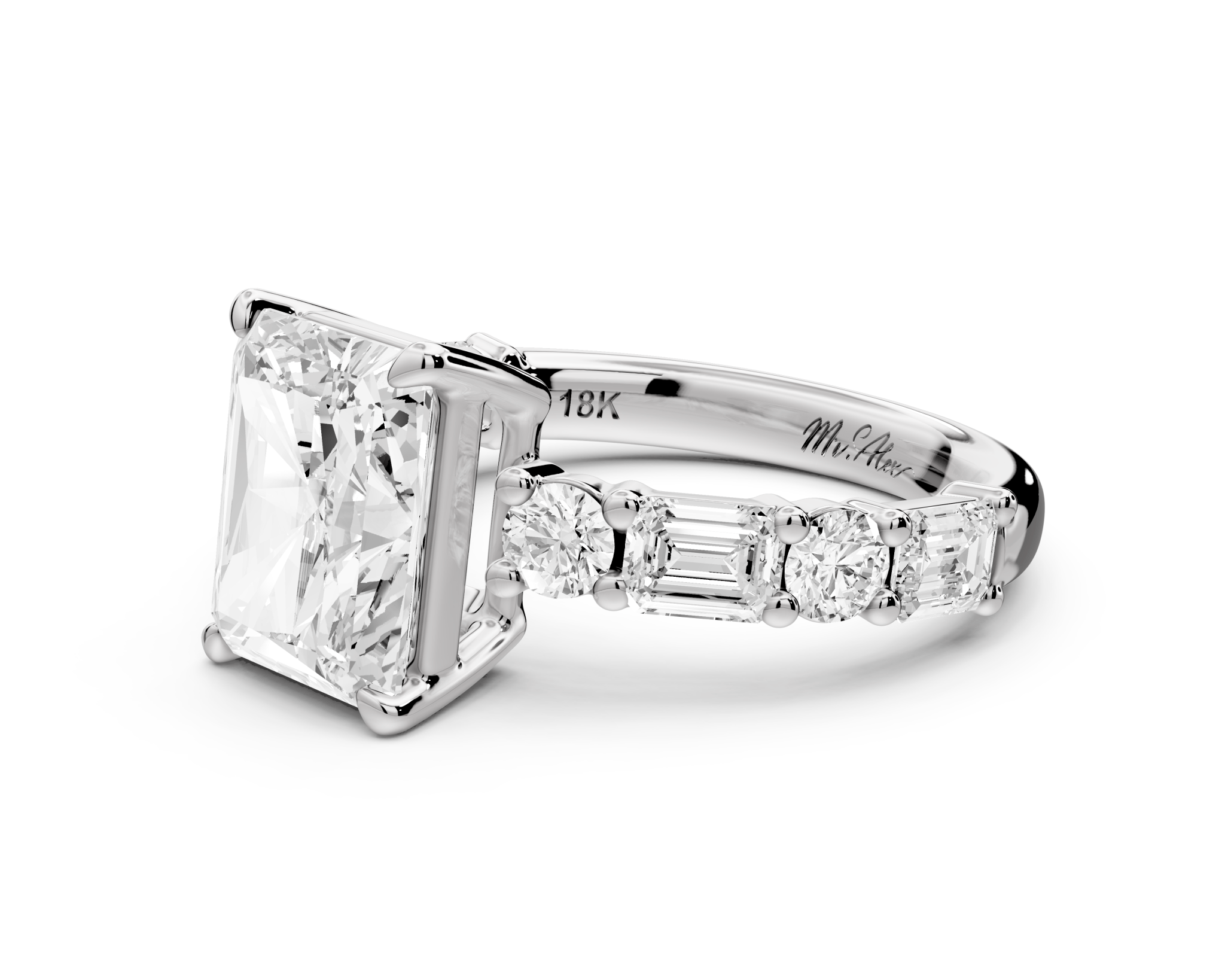 Emerald Cut Diamond Engagement Ring with Side Stones (AJ102E) - Mr. Alex Jewelry