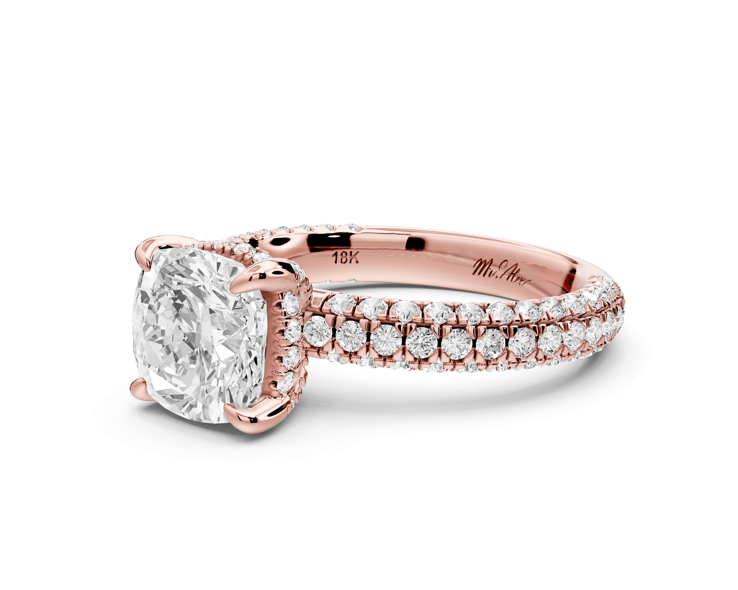 Emilia - 2ct 14k rose gold cushion Hidden Halo Diamond Crown Rollover Pavé Engagement Ring - Mr. Alex Jewelry